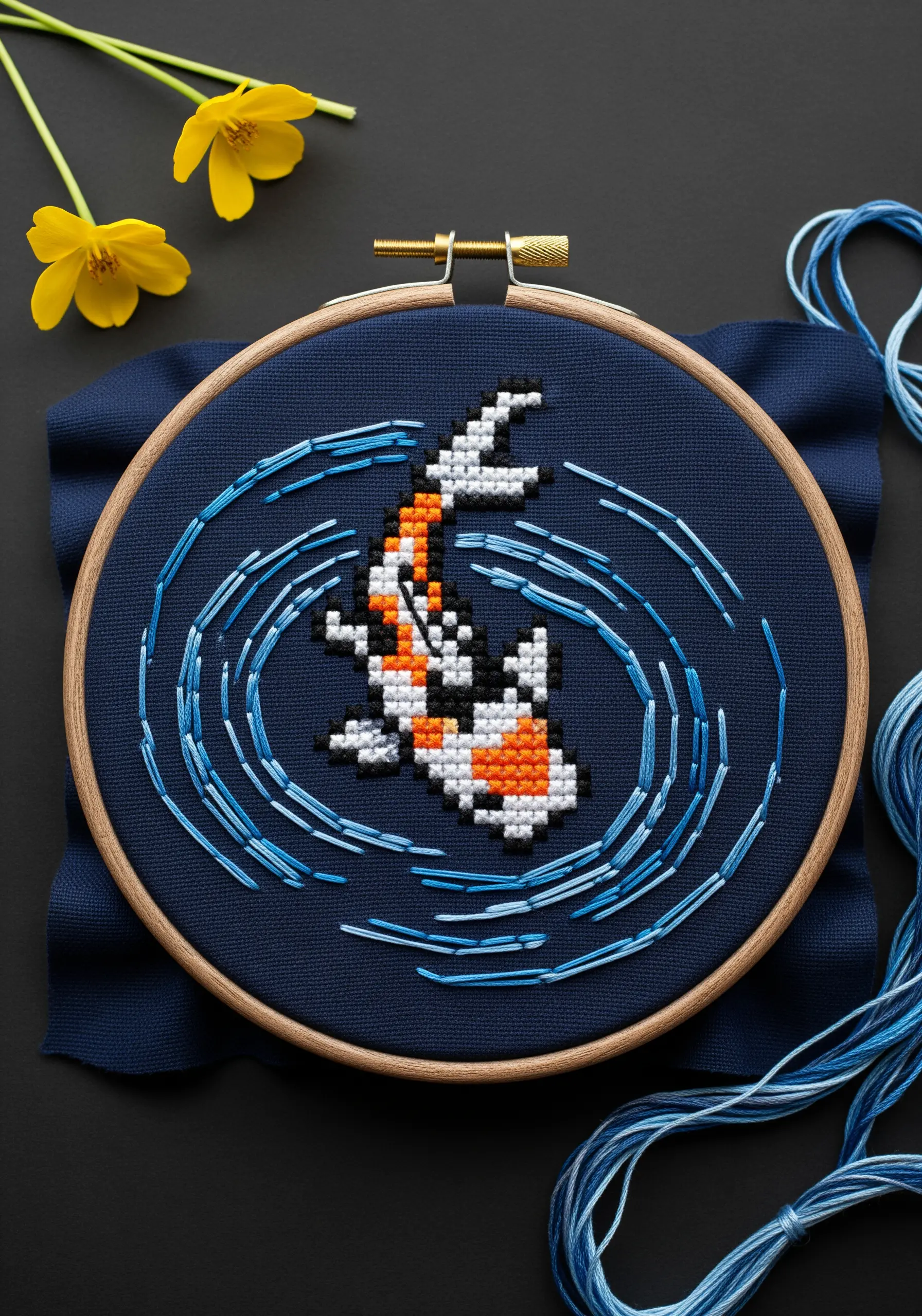 Cross-stitch pixel art koi fish surrounded by flowing blue water ripple stitches.