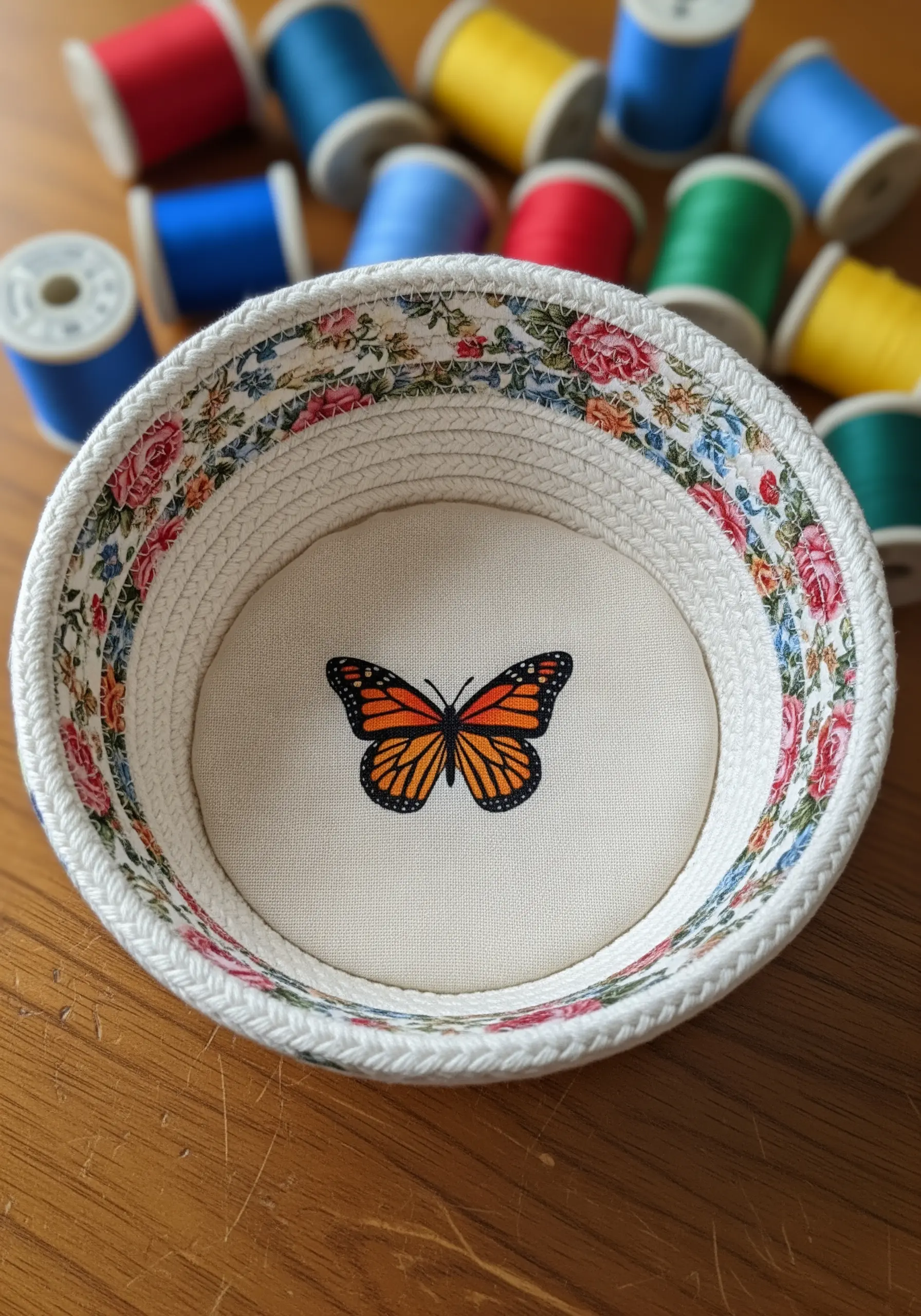 A coiled rope bowl with a floral fabric rim and an embroidered butterfly at the base.