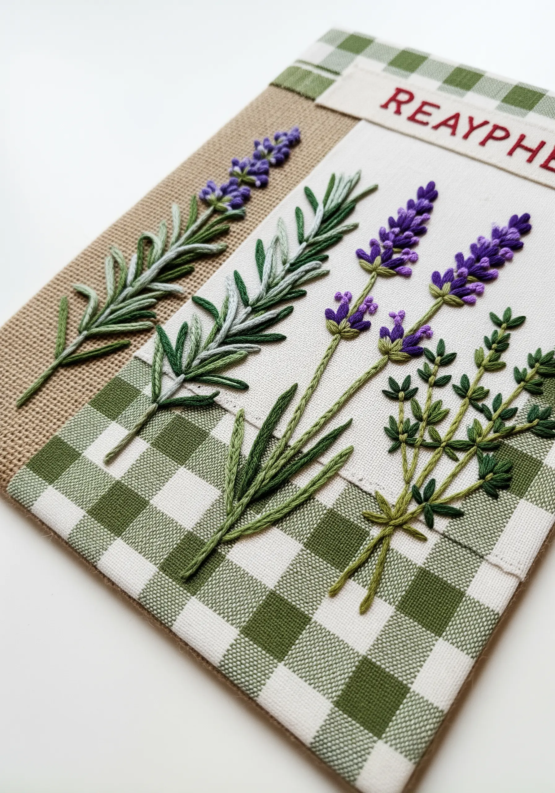 Embroidered lavender and herbs on a background of burlap, white linen, and green gingham.