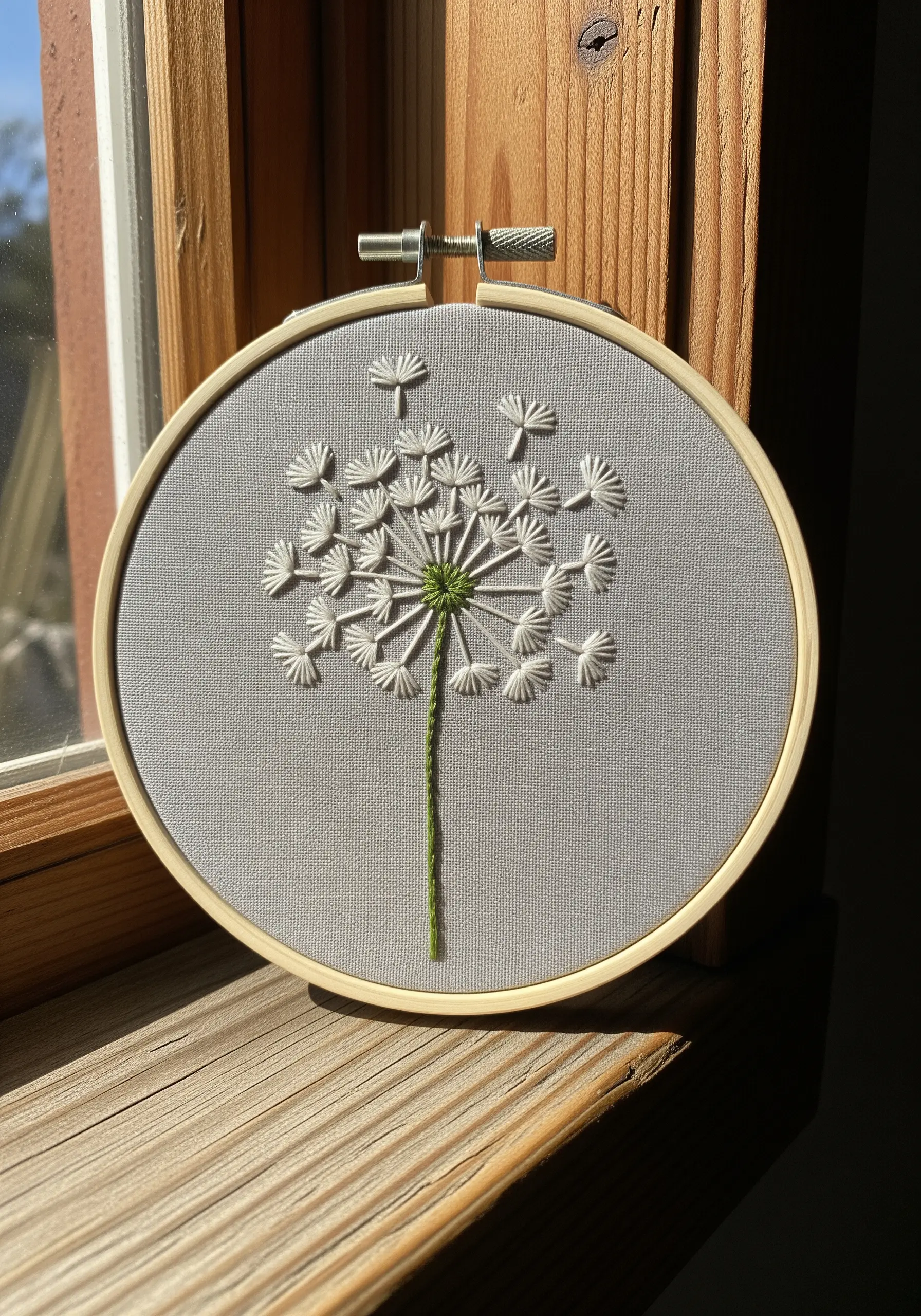 A white dandelion seed head stitched on gray fabric, resting on a windowsill.