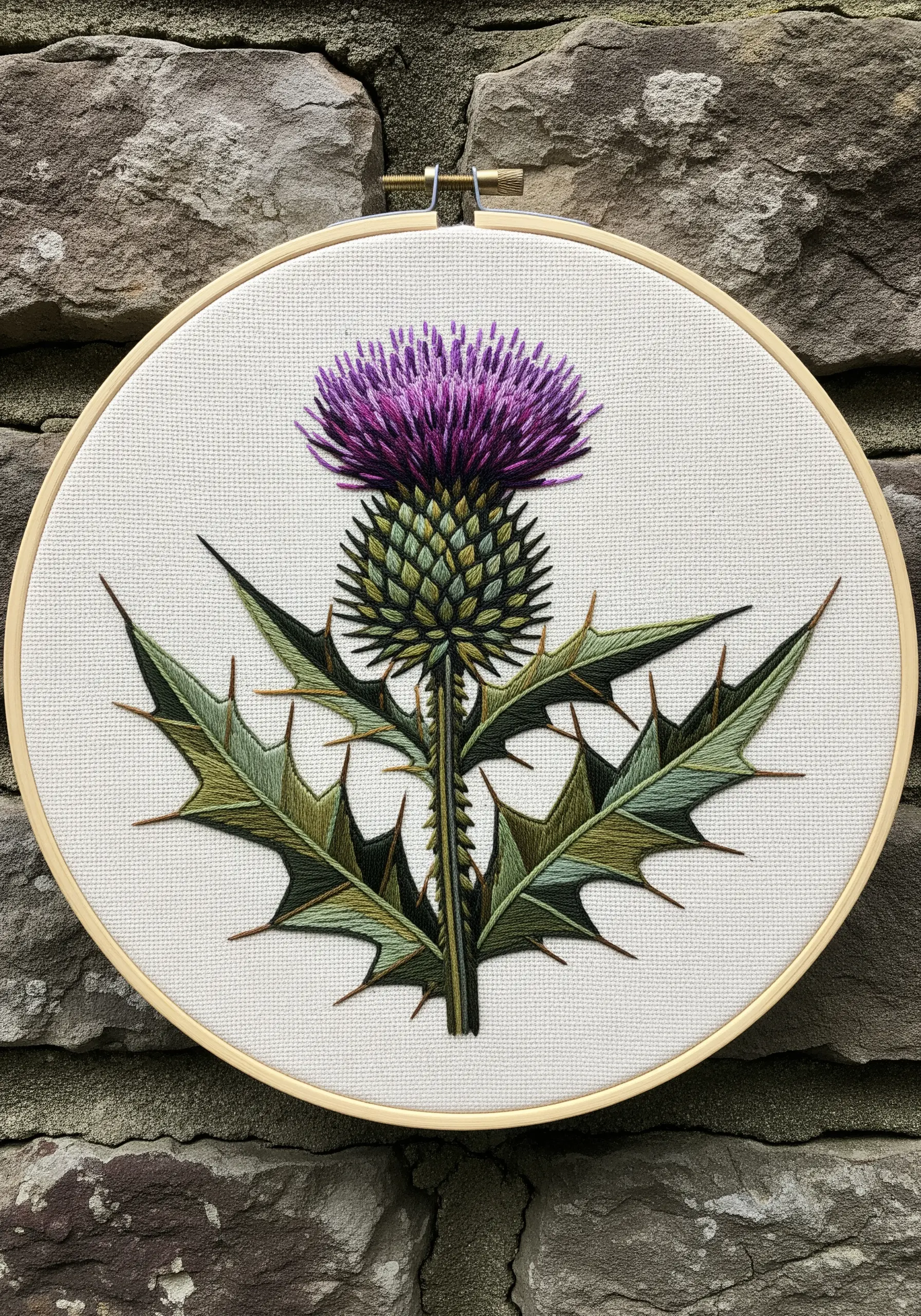 Detailed Scottish thistle embroidery with a textured purple flower and spiky satin-stitched leaves.