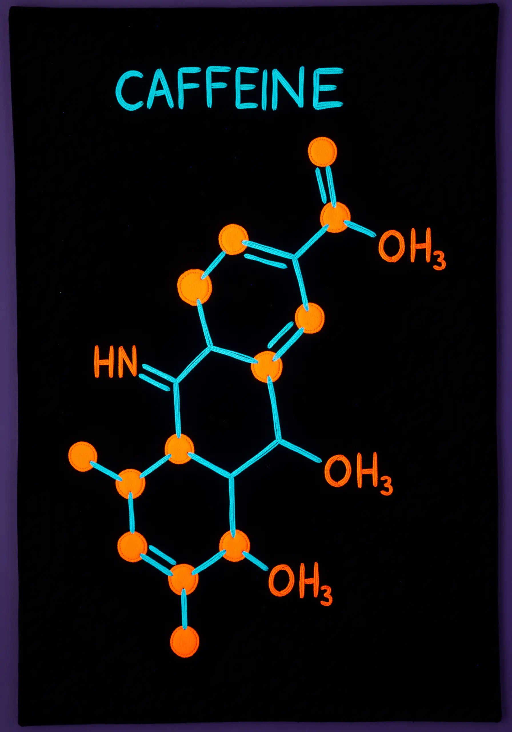 The chemical structure of caffeine stitched and painted in neon colors on black.