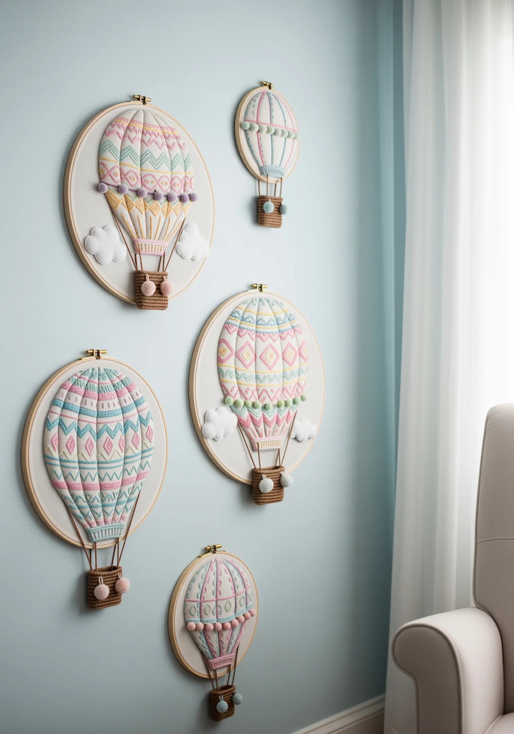 Embroidery hoops featuring hot air balloons with pom-pom and 3D woven details.