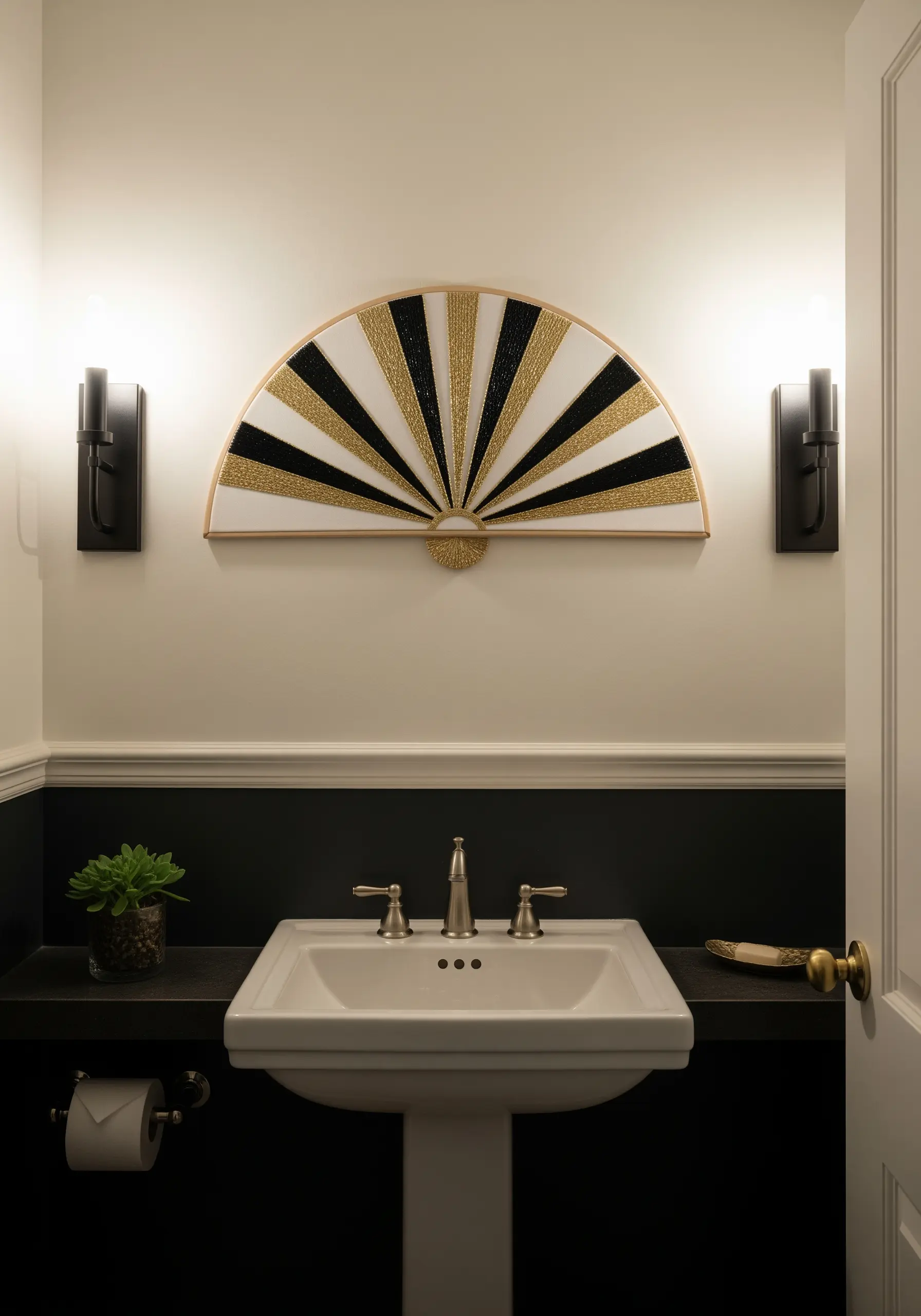 An Art Deco fan embroidered with alternating panels of black thread and gold beads.