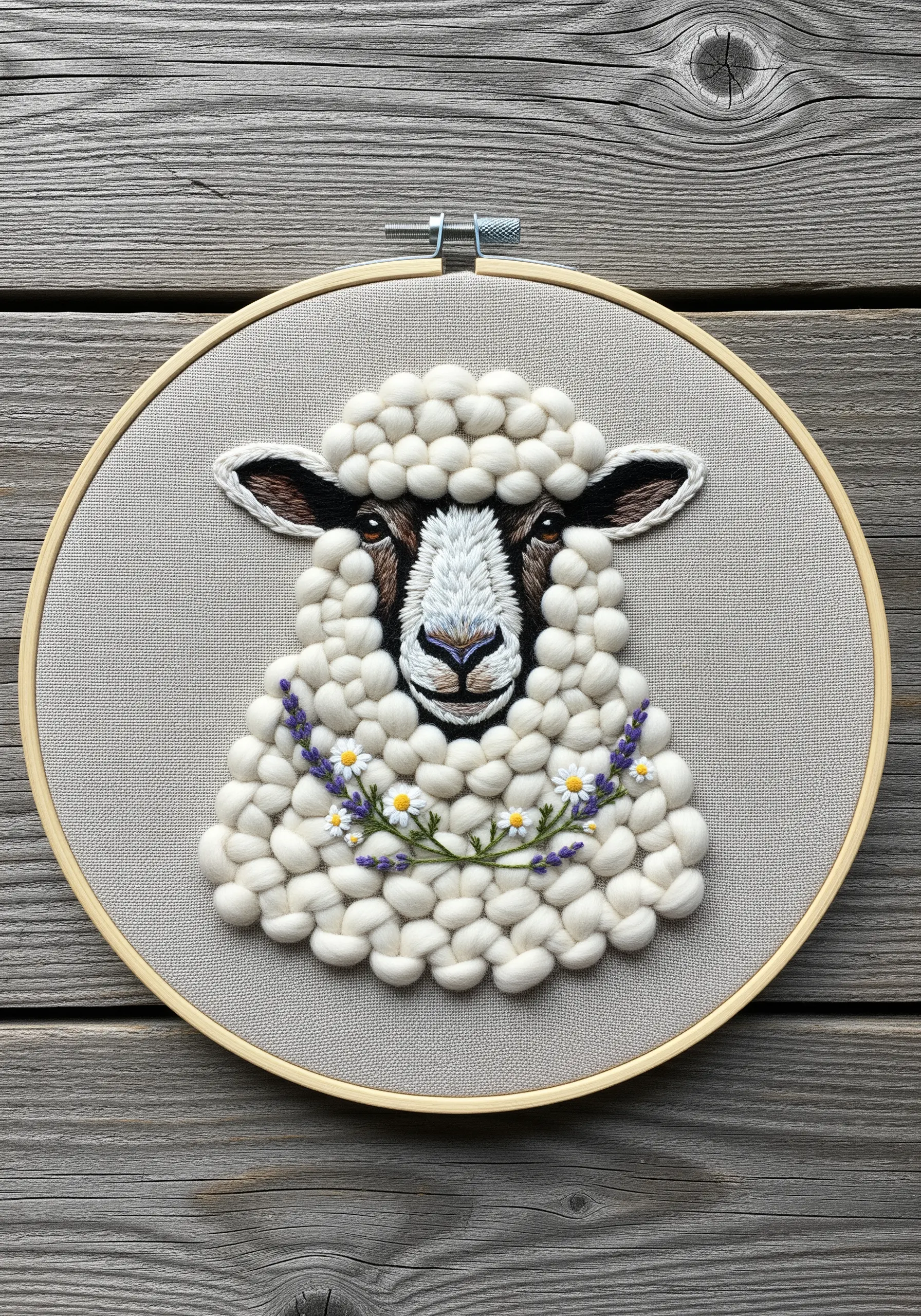 Embroidered sheep with a 3D wool fleece made of knots and a realistic thread-painted face.