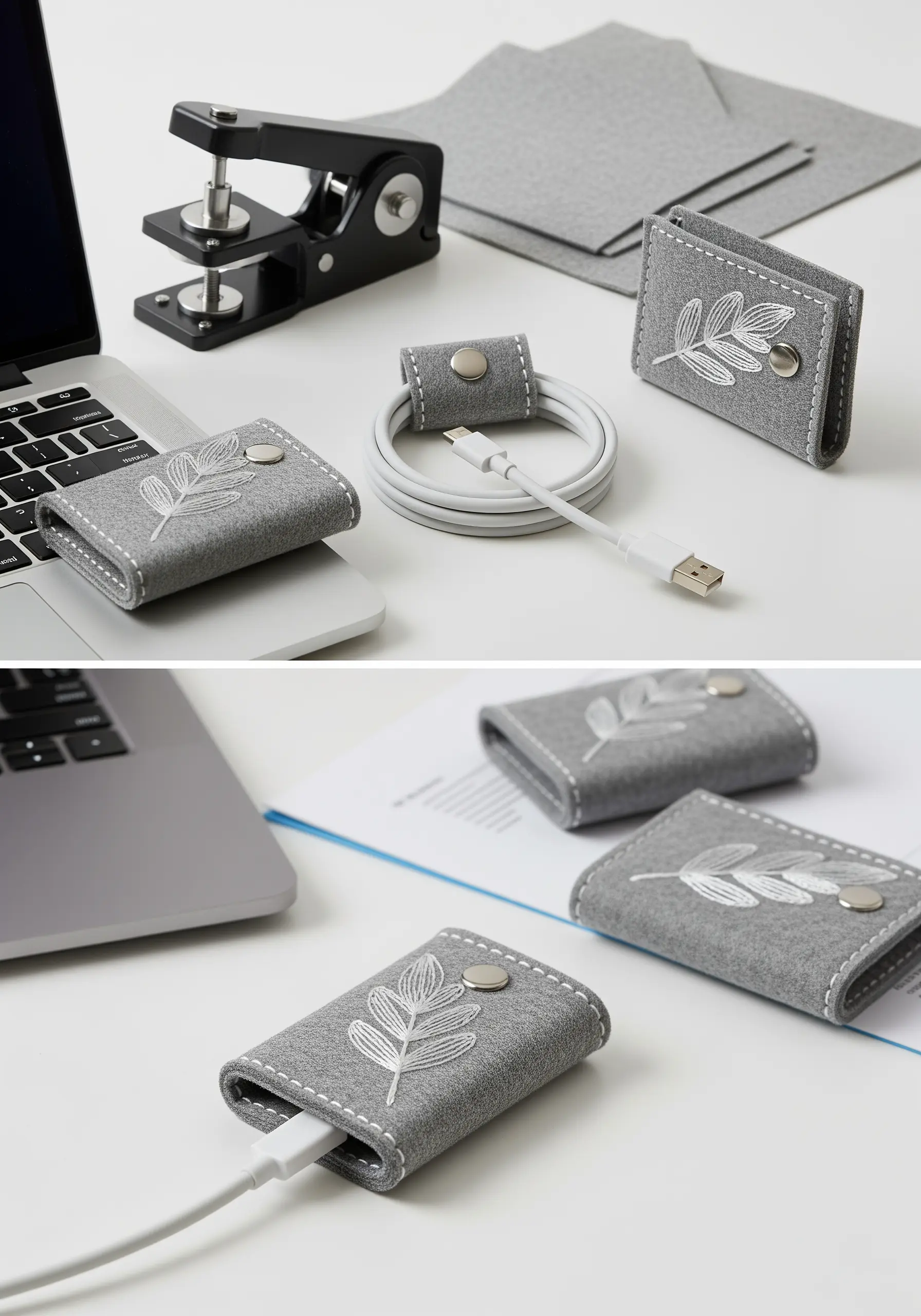 Grey felt cable organizers with white embroidered leaf motifs and snap closures.