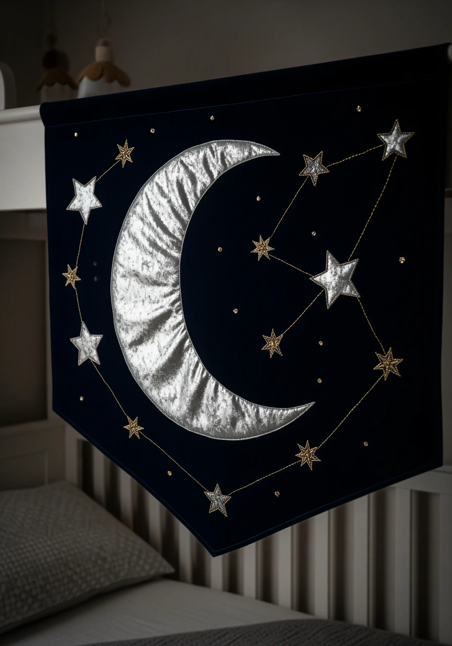 A dark navy banner featuring a silver velvet moon and gold-stitched star constellations.
