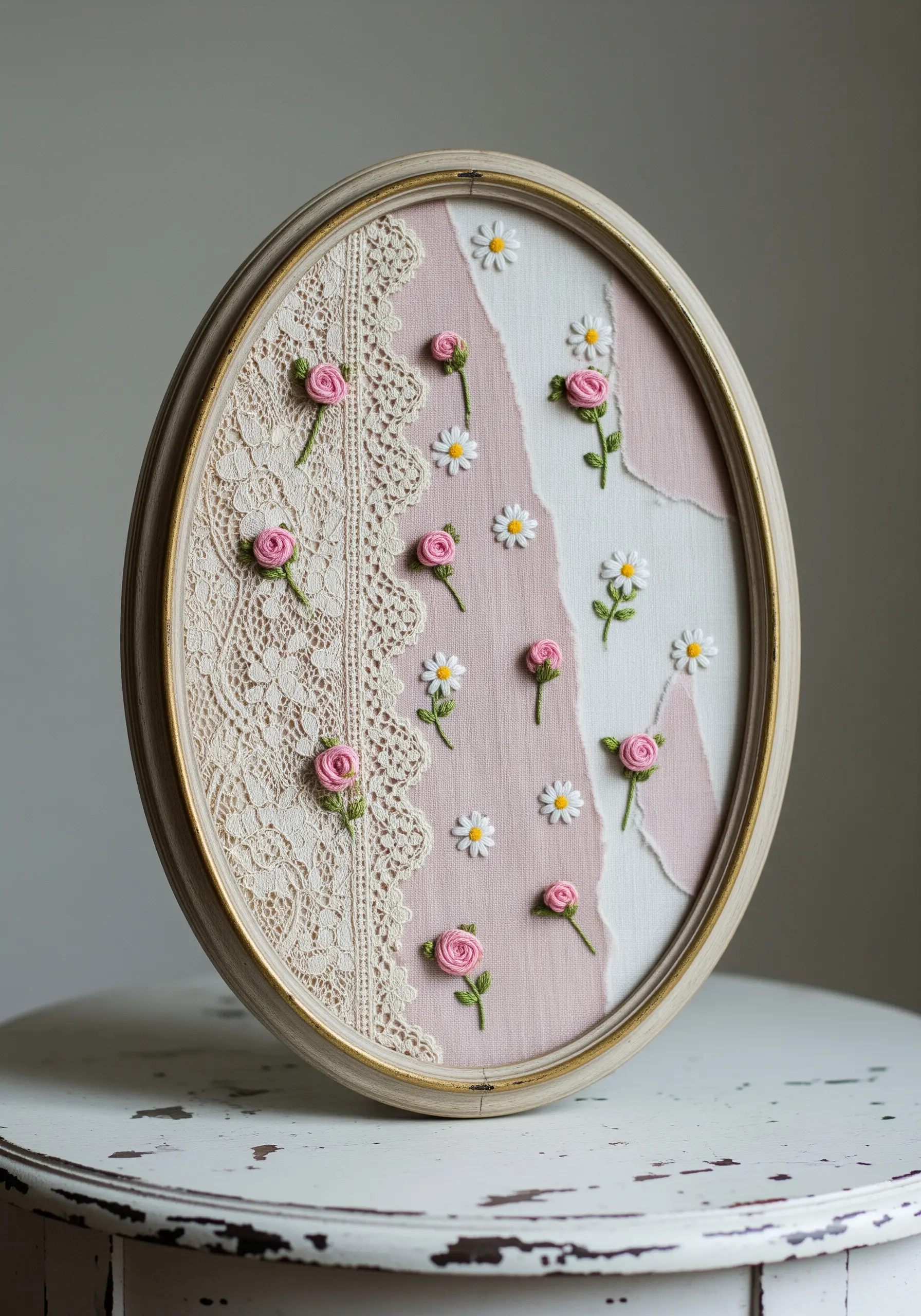 Oval-framed artwork combining vintage lace, torn linen, and embroidered ribbon roses.