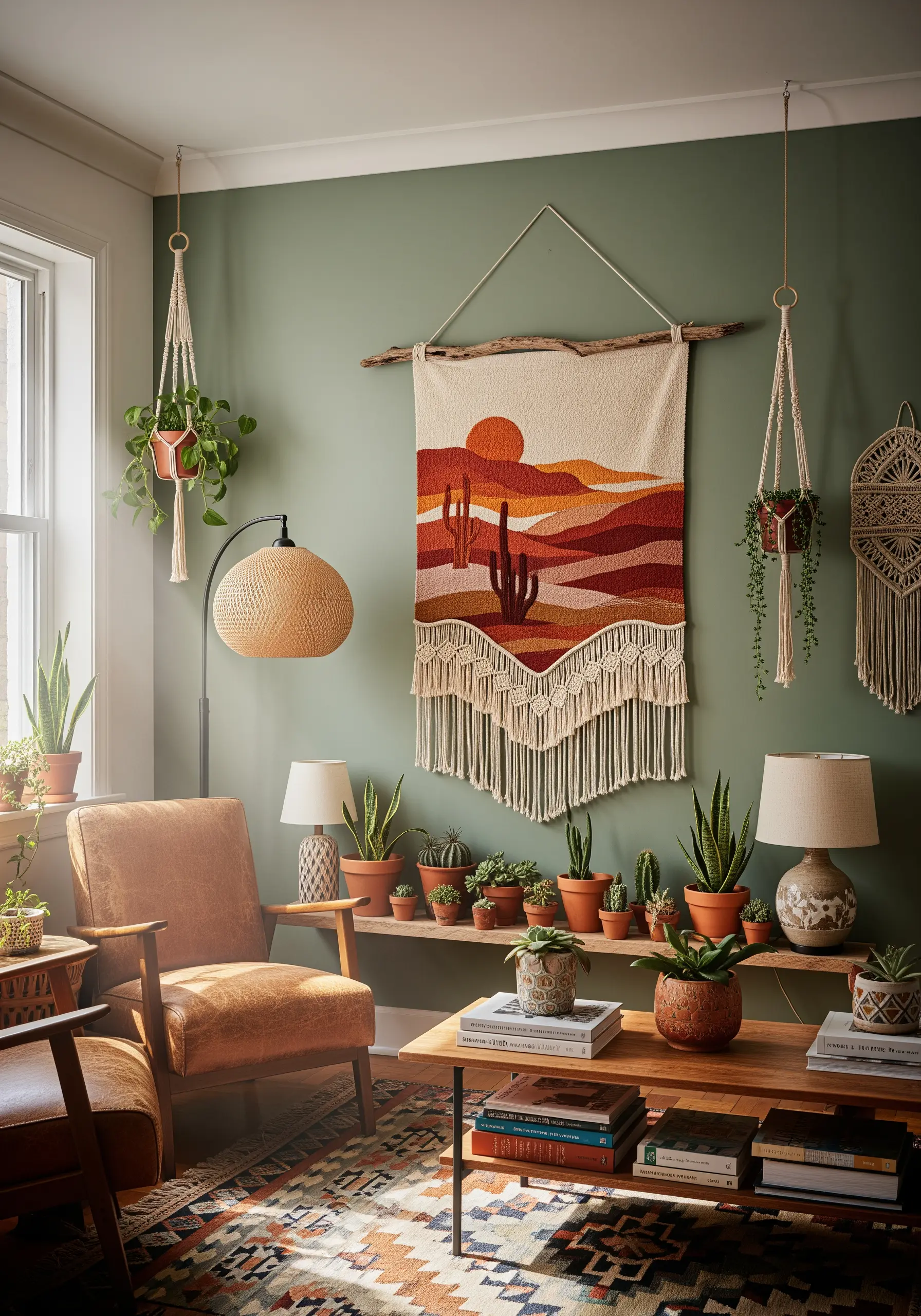 Textured desert embroidery wall hanging with macrame elements