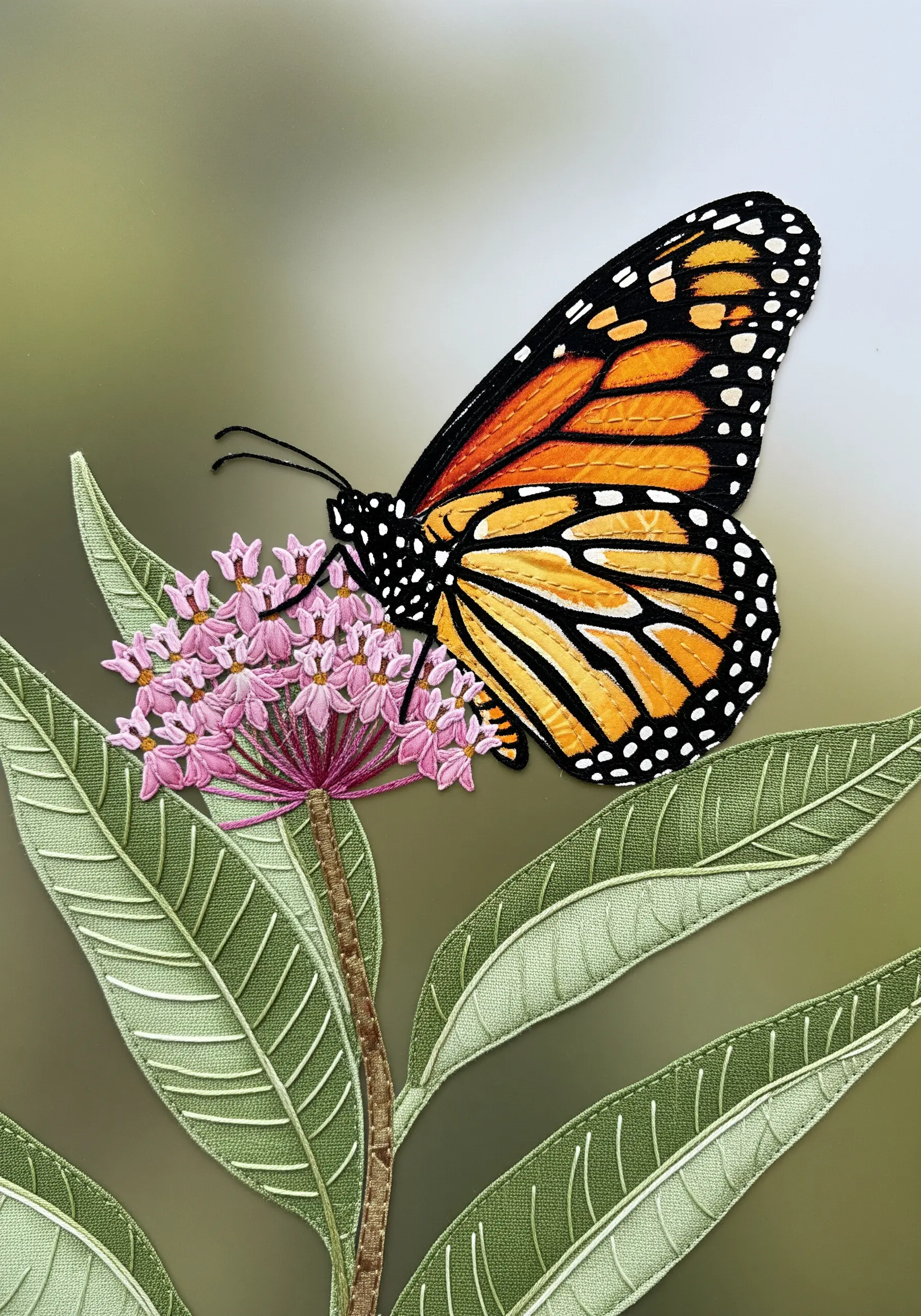 Monarch butterfly combining fabric appliqué wings with detailed thread painting.