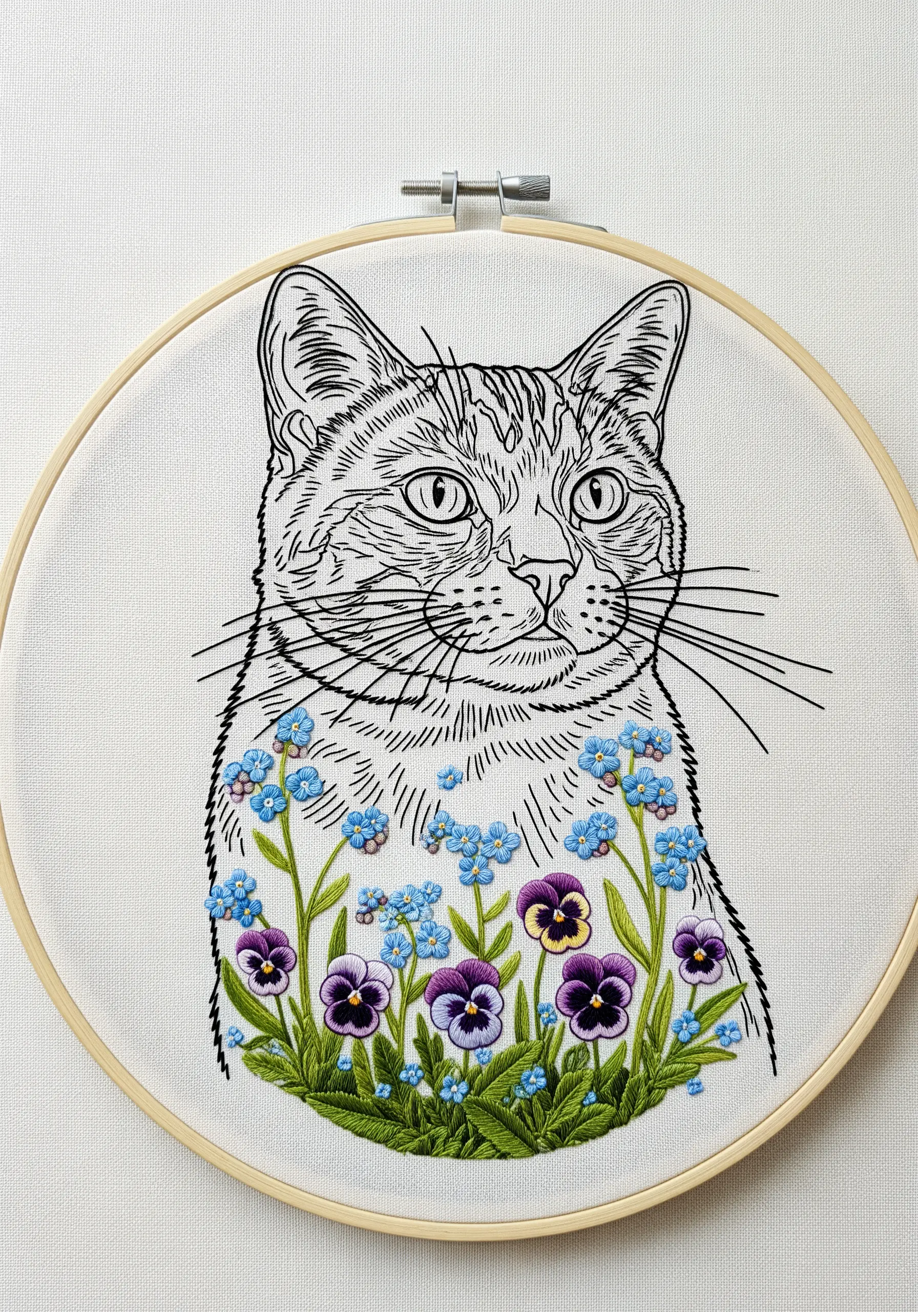 A line art embroidery of a cat, with its body filled with colorful pansies.