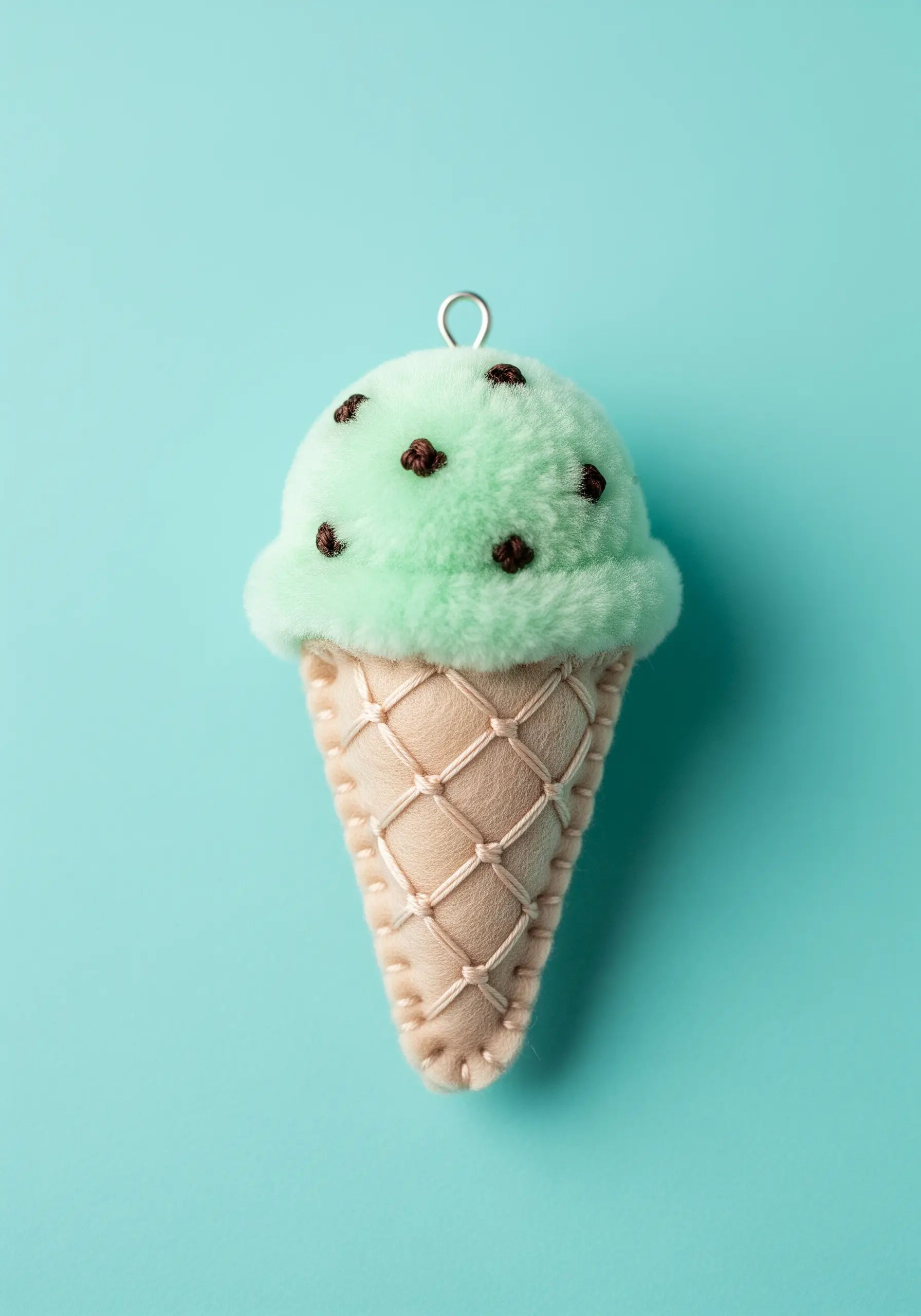 A mint chocolate chip ice cream cone ornament made from fleece and felt with lattice stitching.