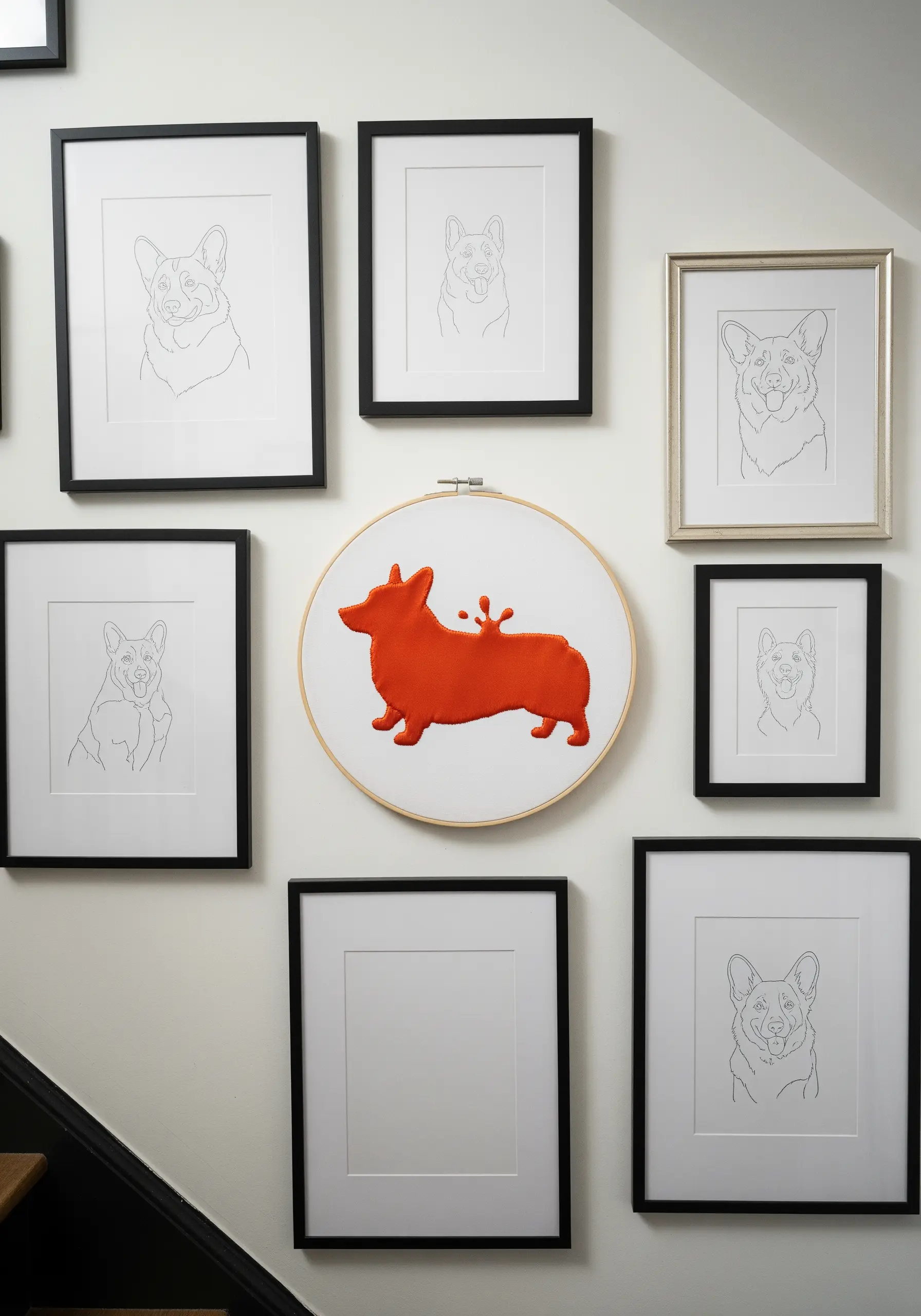 Orange Corgi felt applique surrounded by line art frames