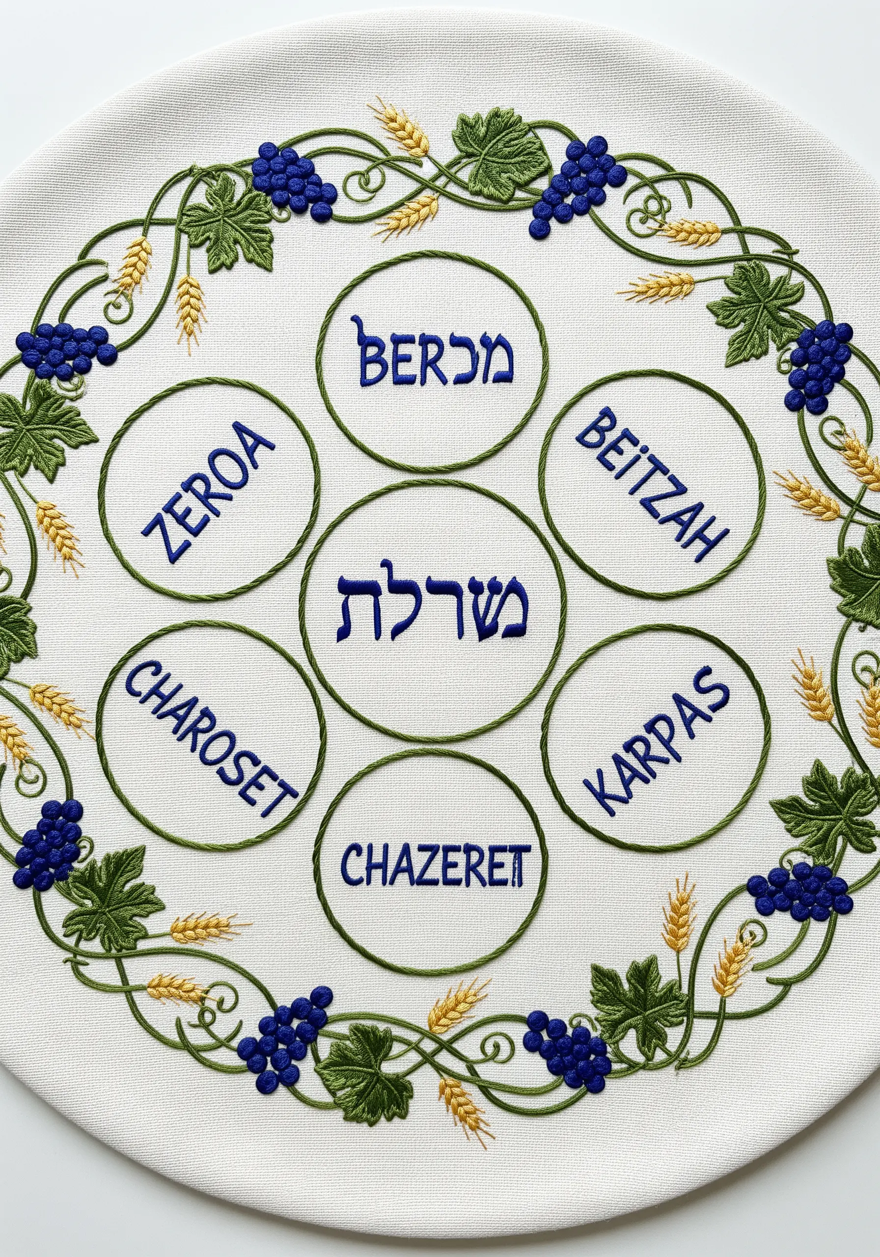 An embroidered Passover Seder plate with Hebrew text and a border of grapes and wheat.