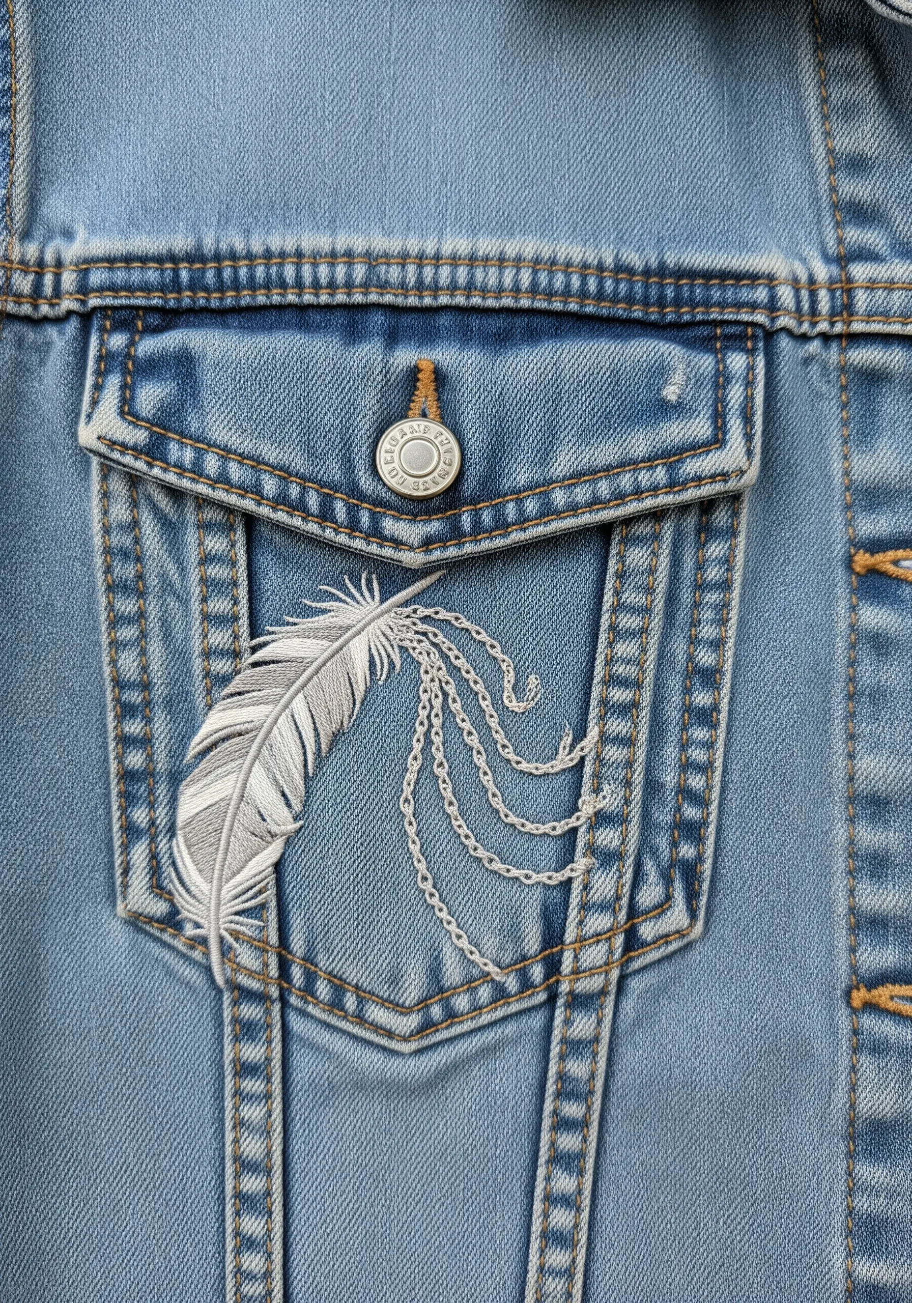 An embroidered feather with delicate, draped chain stitches on a denim jacket pocket.
