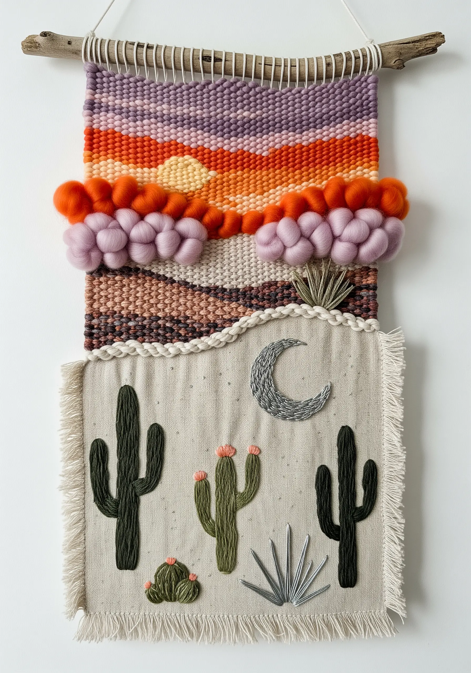 A mixed media wall hanging combining weaving and embroidery to depict a desert scene.