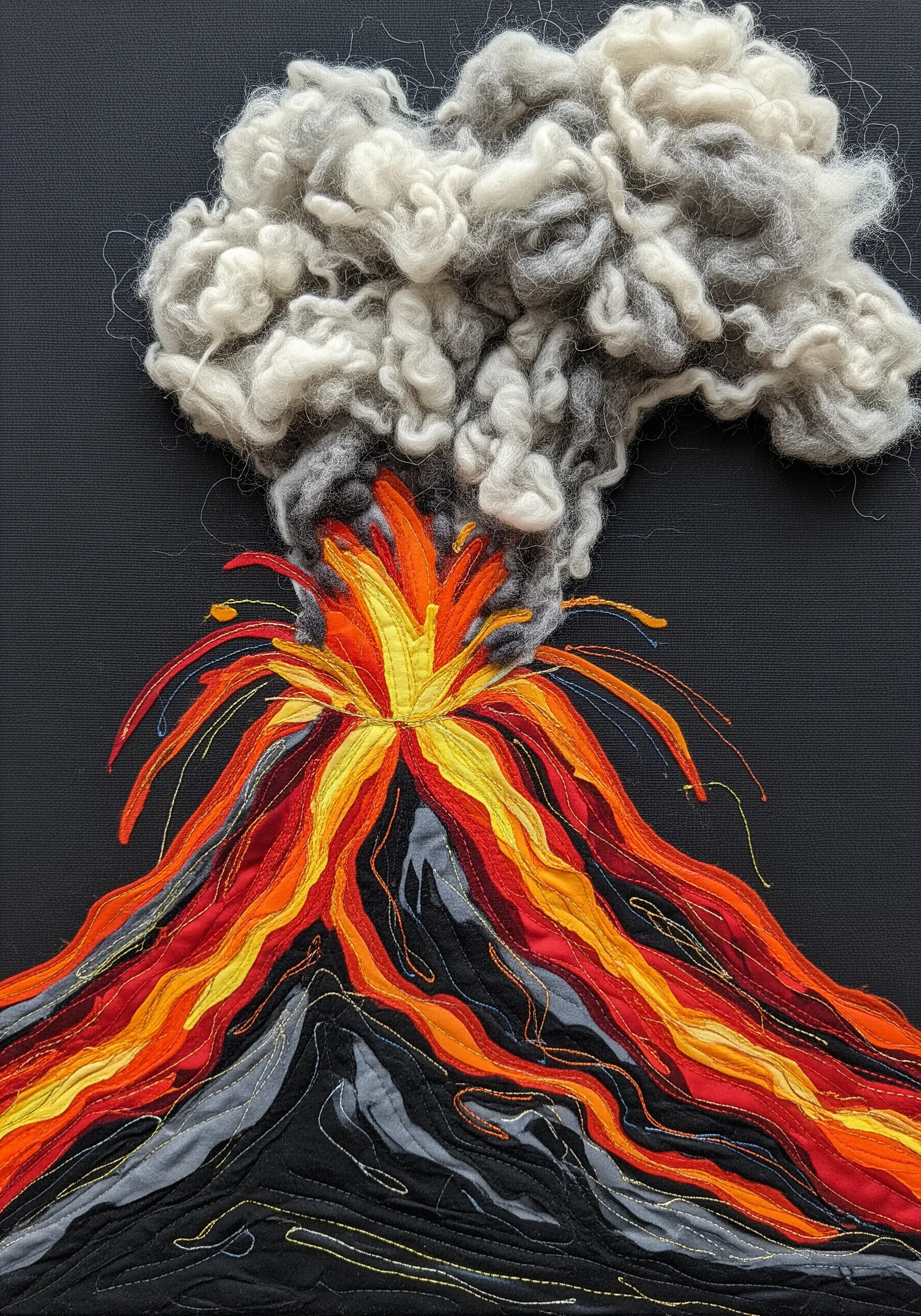 Fabric collage volcano with flowing lava and a wool roving smoke plume.