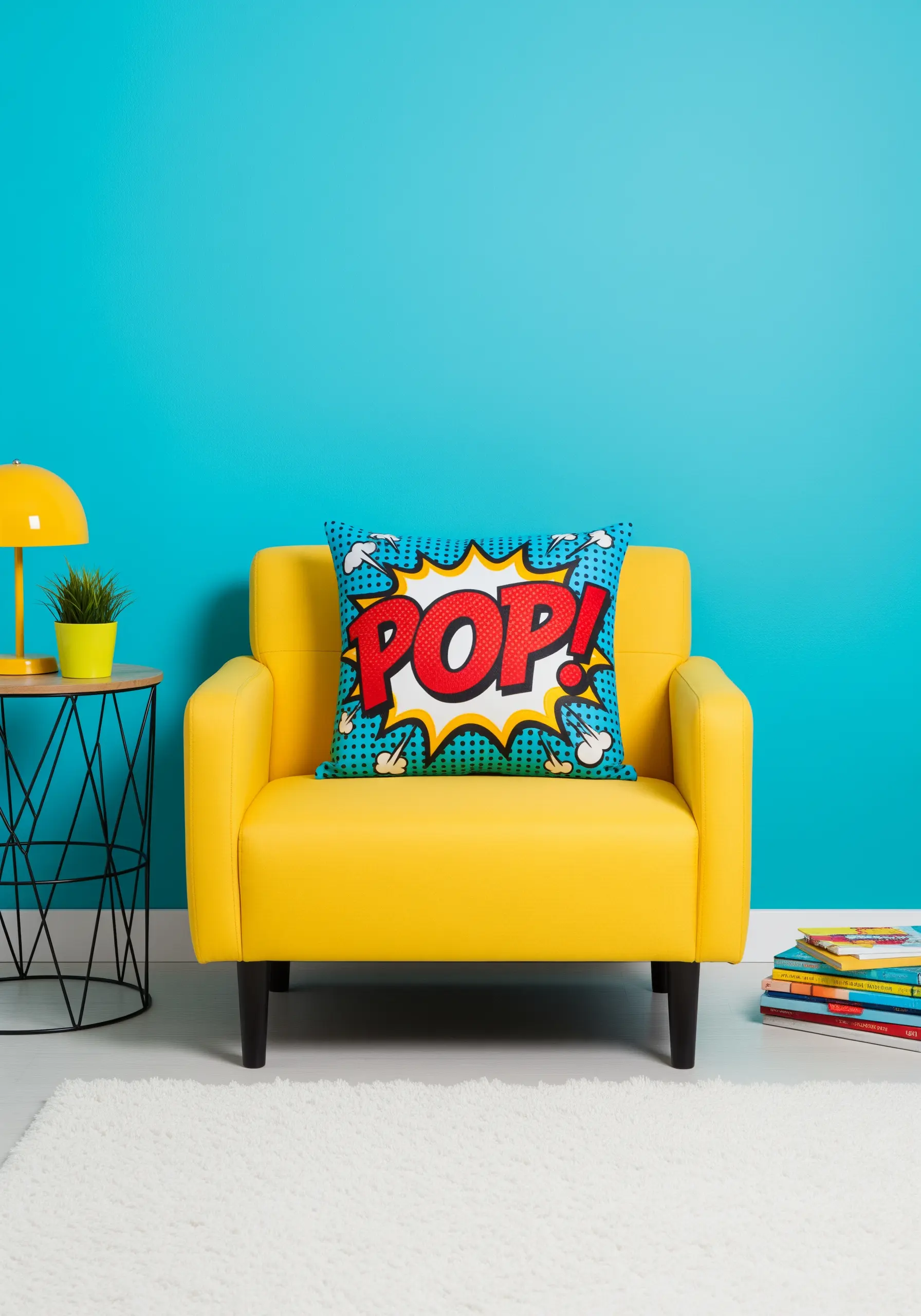 A single cushion with a pop art comic book explosion that says 'POP!' in red letters.
