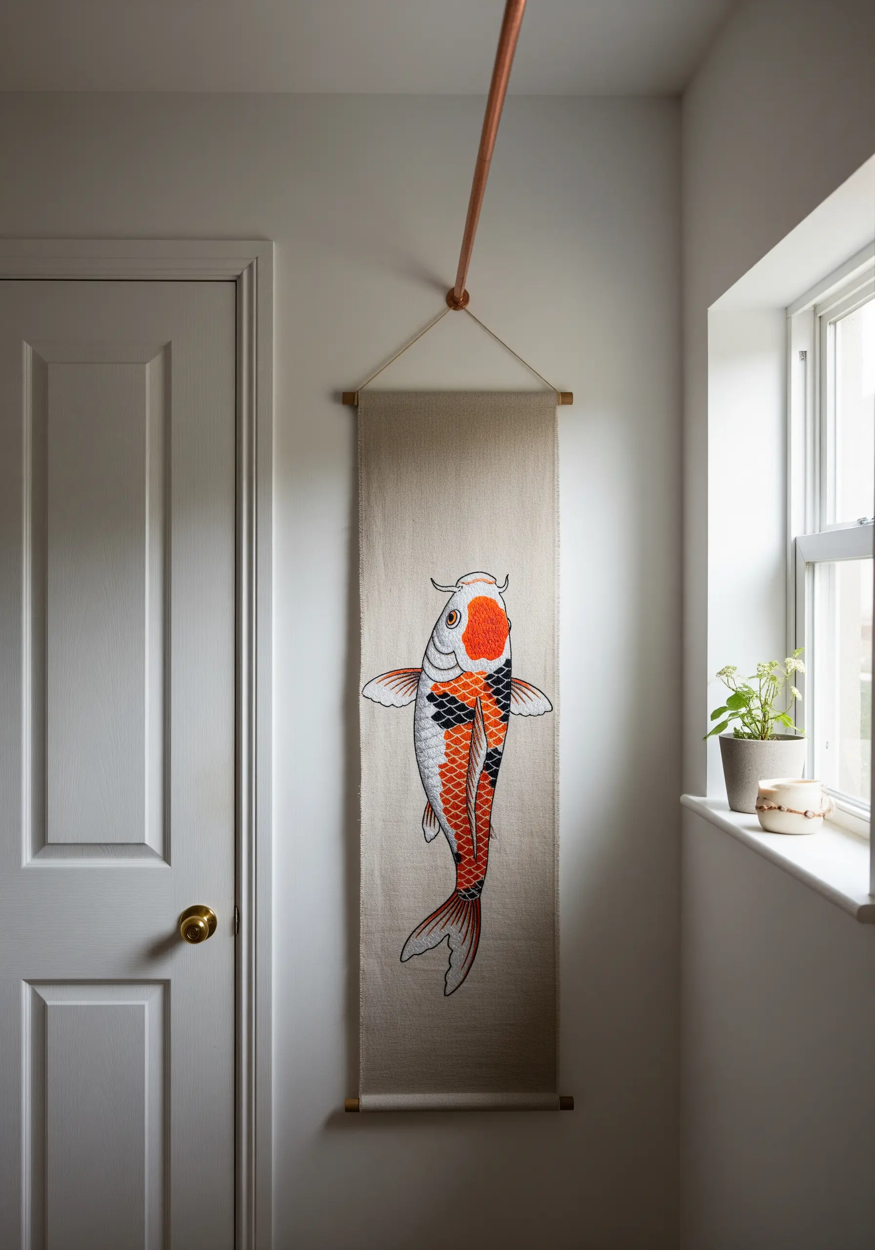Embroidered Koi fish on a long, narrow linen wall banner hanging from a copper rod.