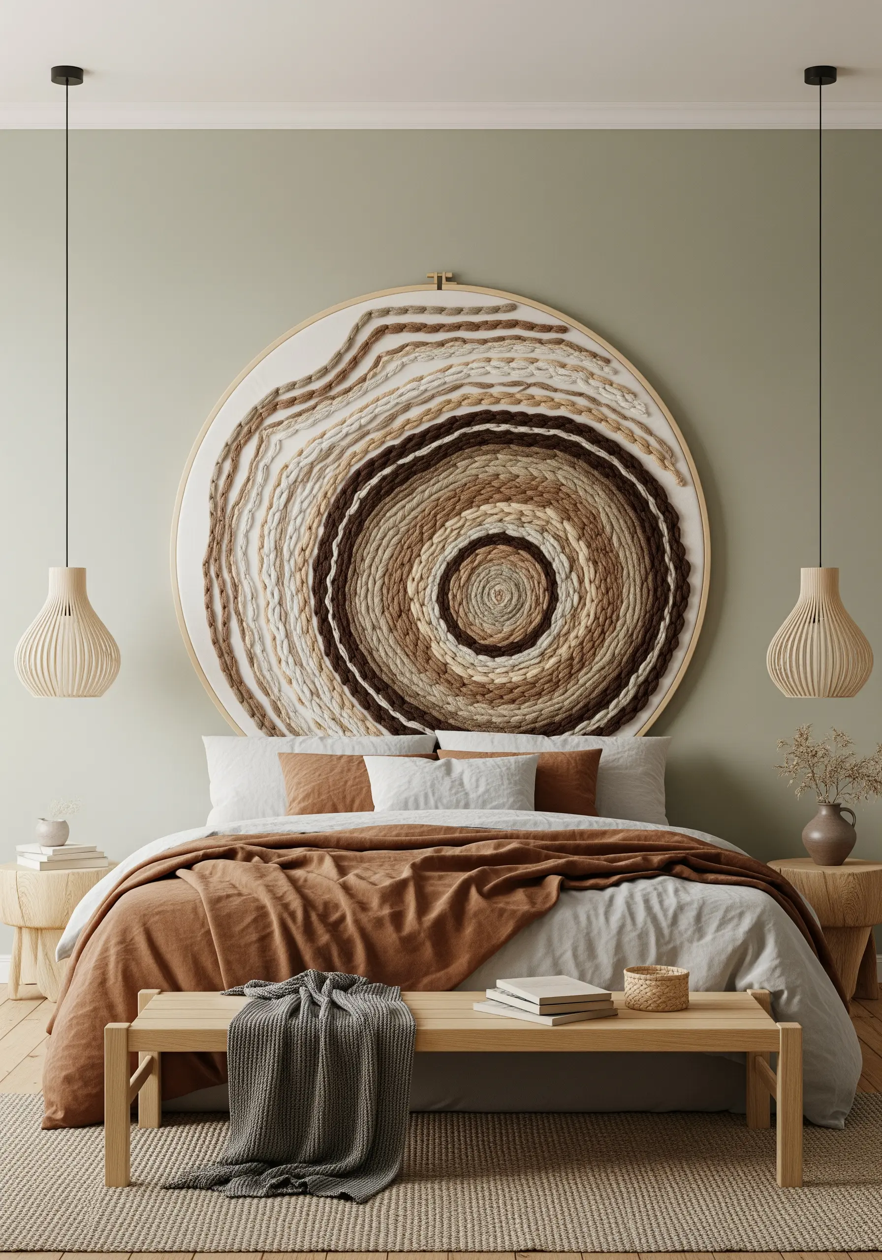 Large-scale hoop art above a bed with coiled earth-tone yarns and ropes.