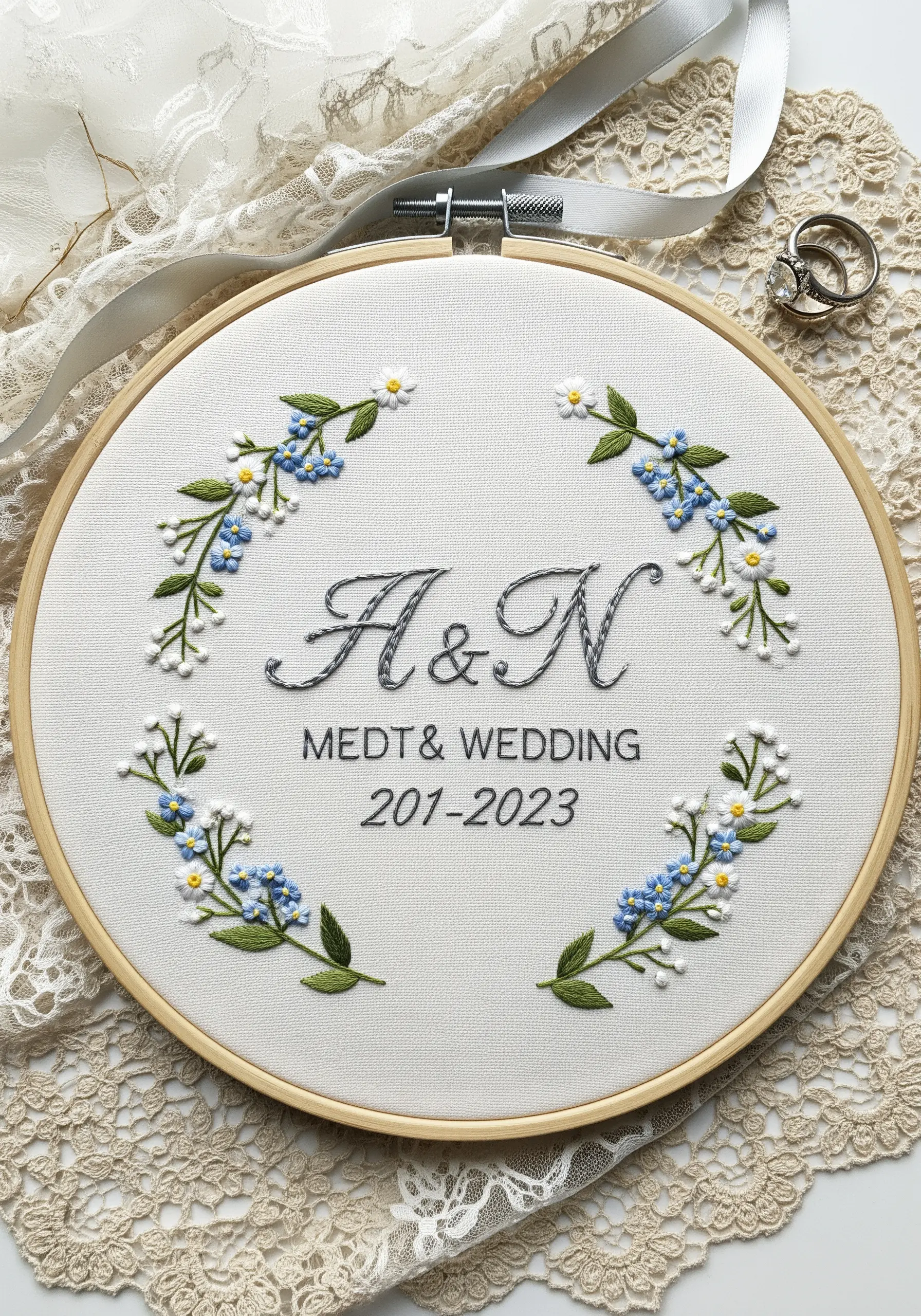 A wedding embroidery hoop with initials and a date, framed by delicate forget-me-not flowers.