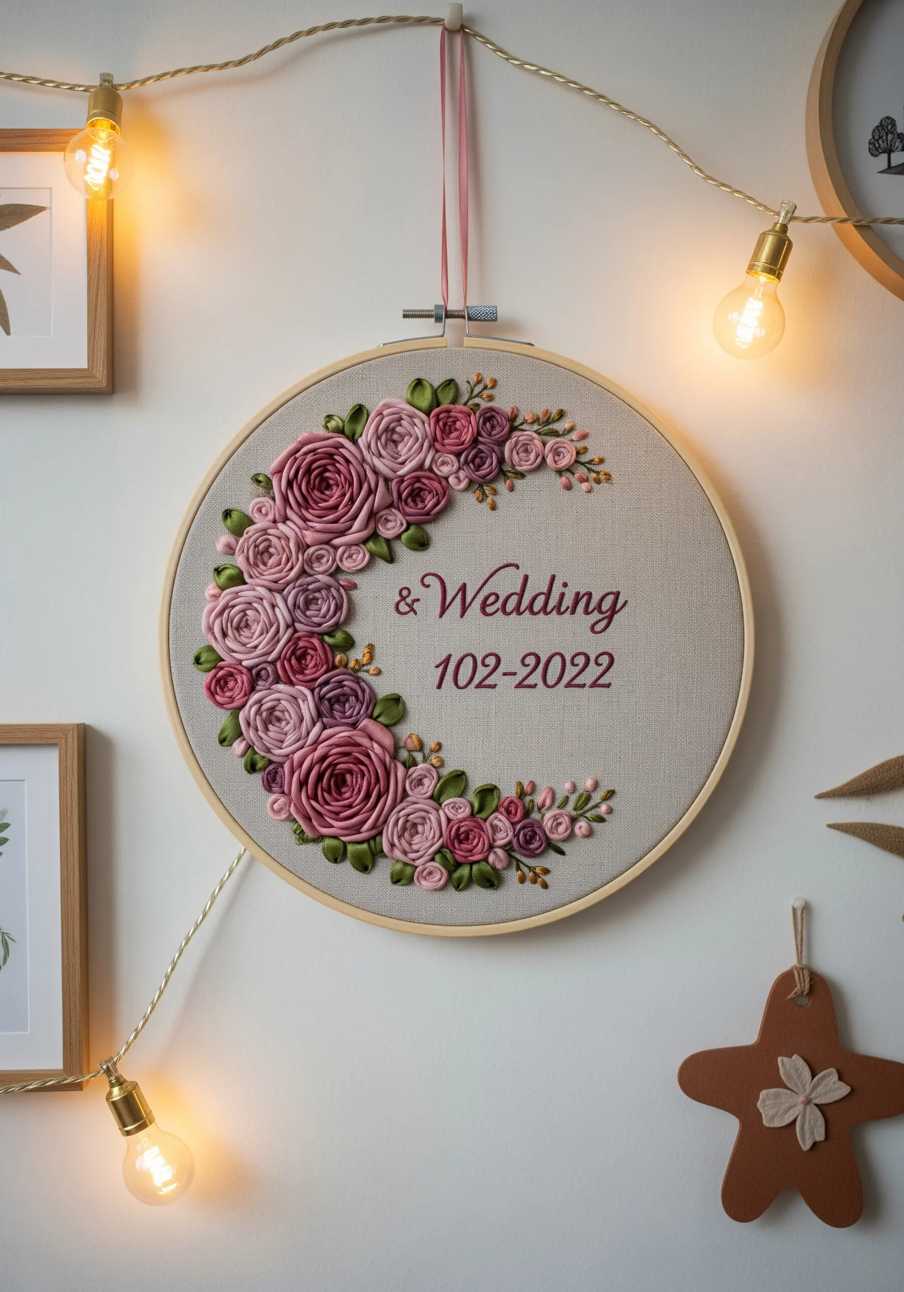 Woven wheel rose embroidery hoop with wedding date