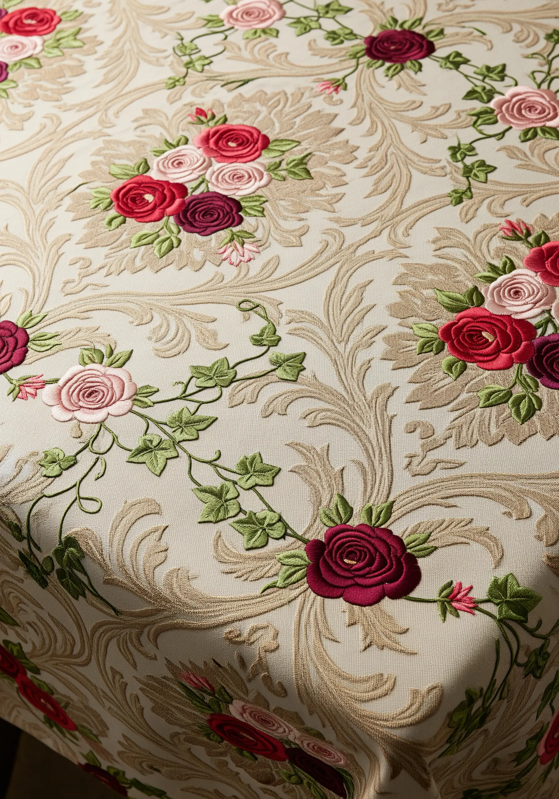 Embroidered red and pink roses on a cream-colored damask tablecloth with a woven pattern.