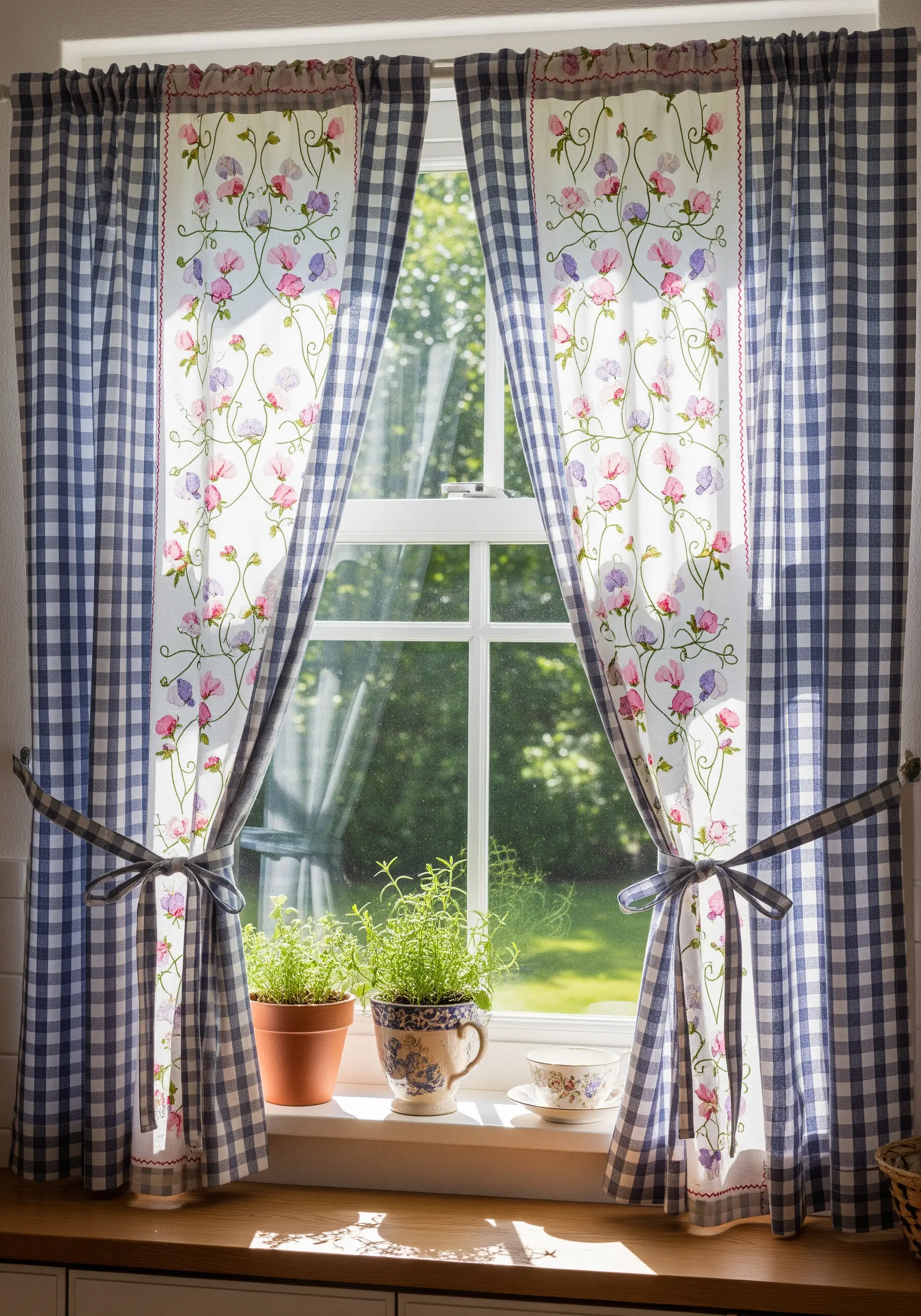 Delicate sweet pea vines embroidered on a central white panel of gingham curtains.