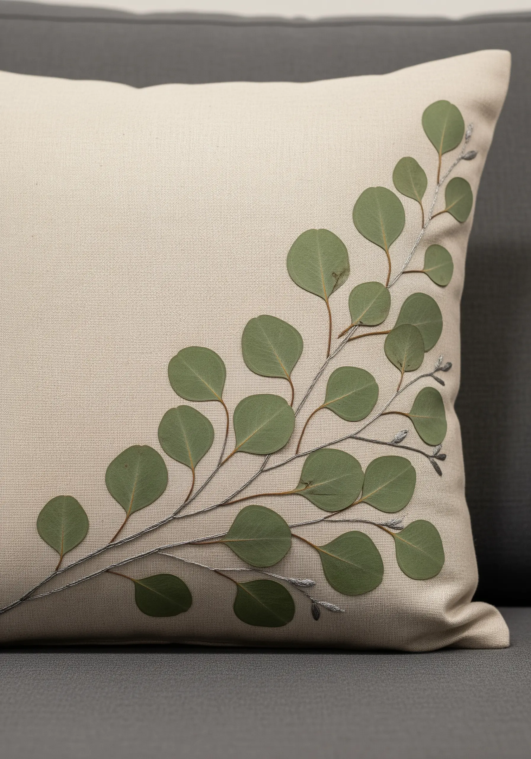 Pressed eucalyptus leaves on a cushion with embroidered metallic silver stems.
