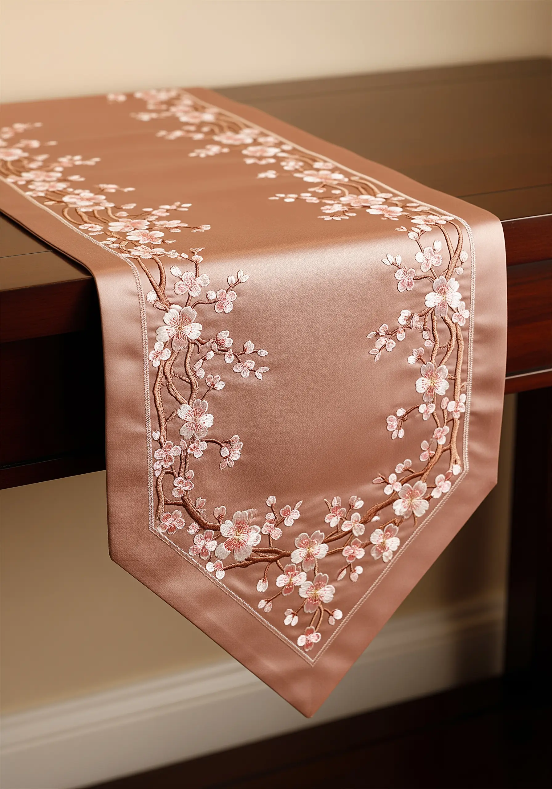 Delicate cherry blossoms embroidered along the border of a dusty rose satin table runner.