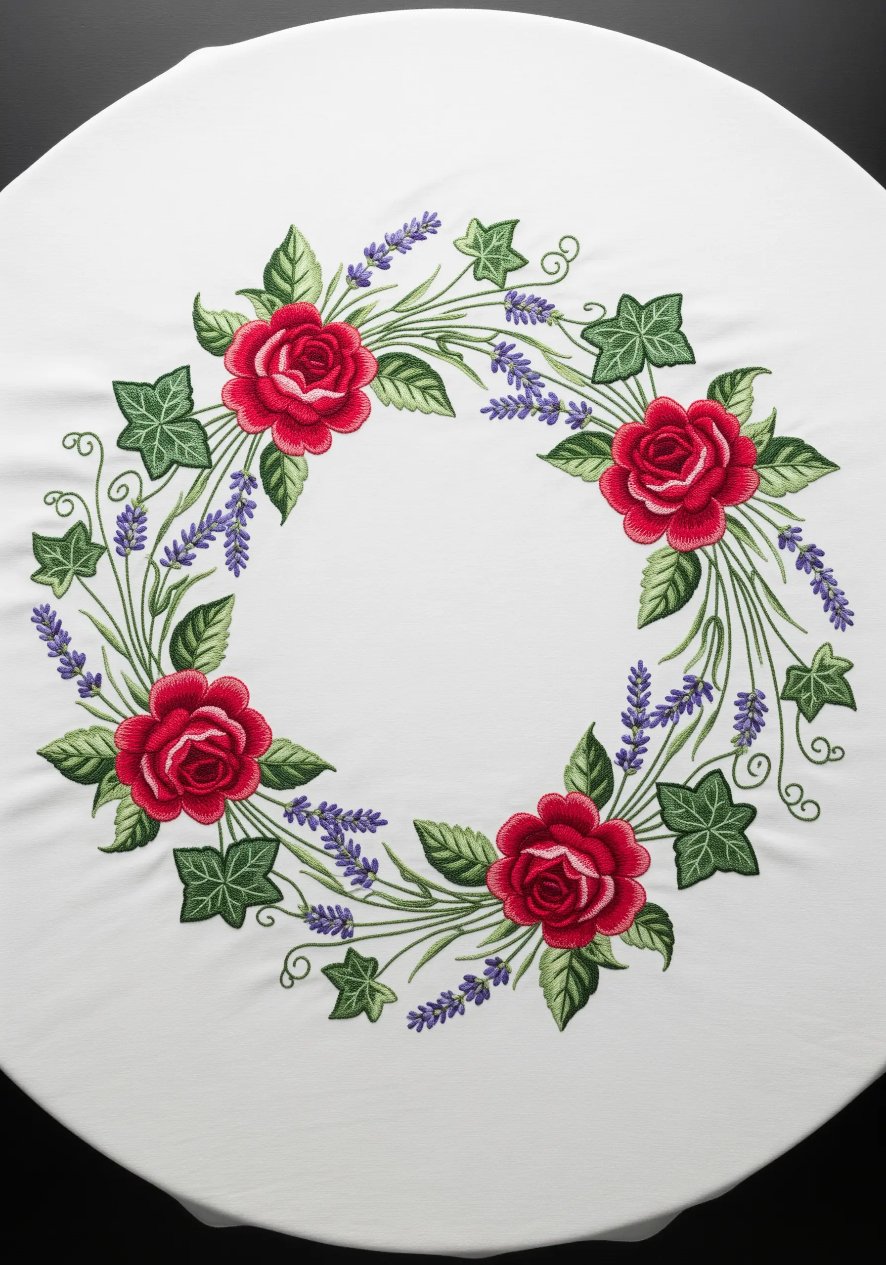 A circular wreath embroidered with red roses, purple lavender, and green ivy on a white tablecloth.