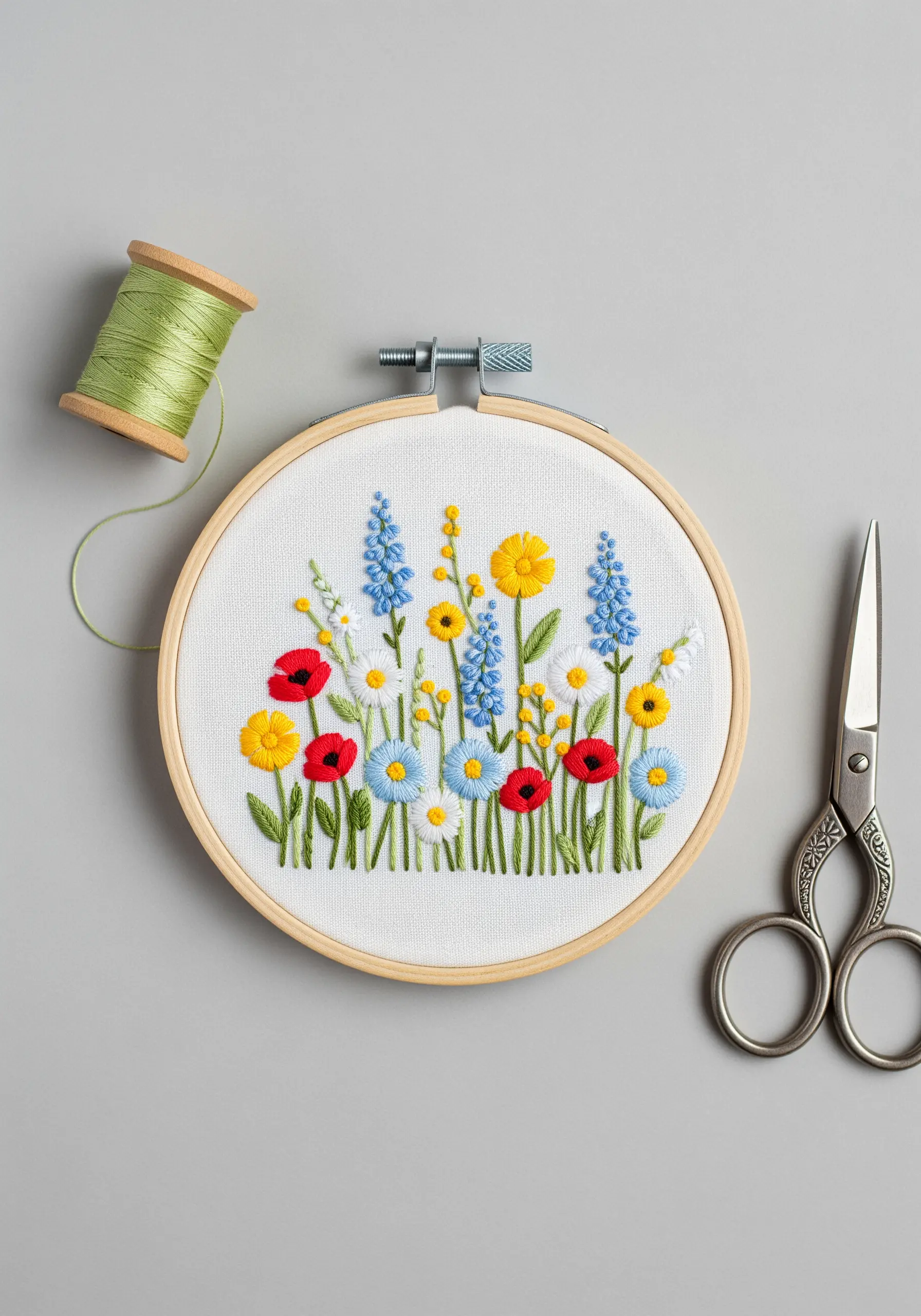 Colorful wildflower meadow embroidery with poppies, daisies, and delphiniums in a wooden hoop.