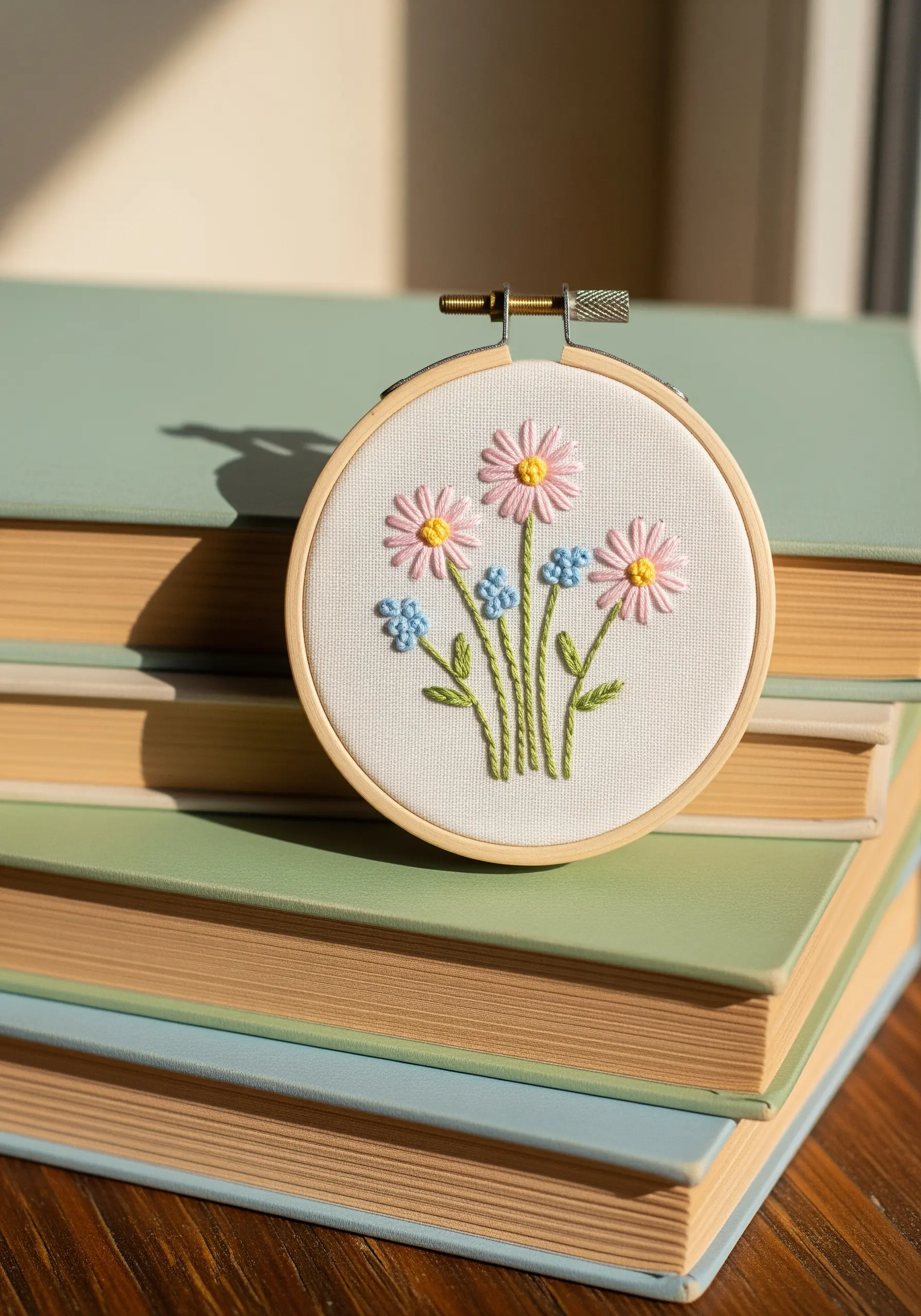 A small embroidery hoop with pink daisies and blue forget-me-nots.