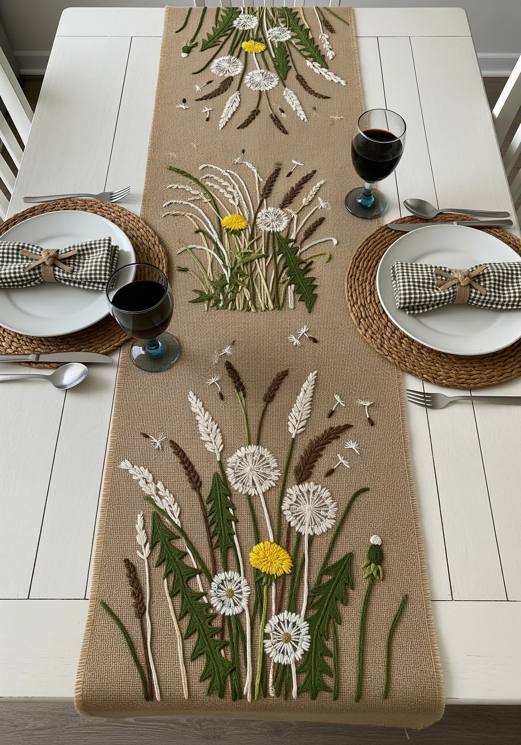 Burlap table runner with dense dandelion and wildgrass embroidery at each end.