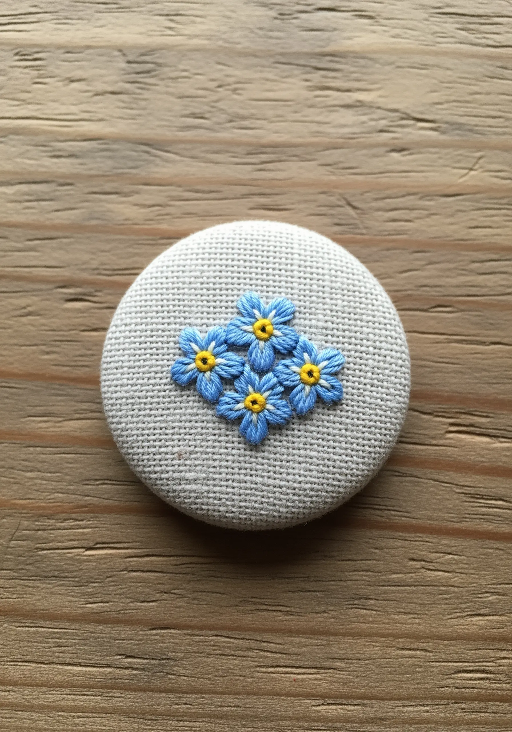 A cluster of blue forget-me-not flowers with yellow centers, embroidered on a fabric-covered button.