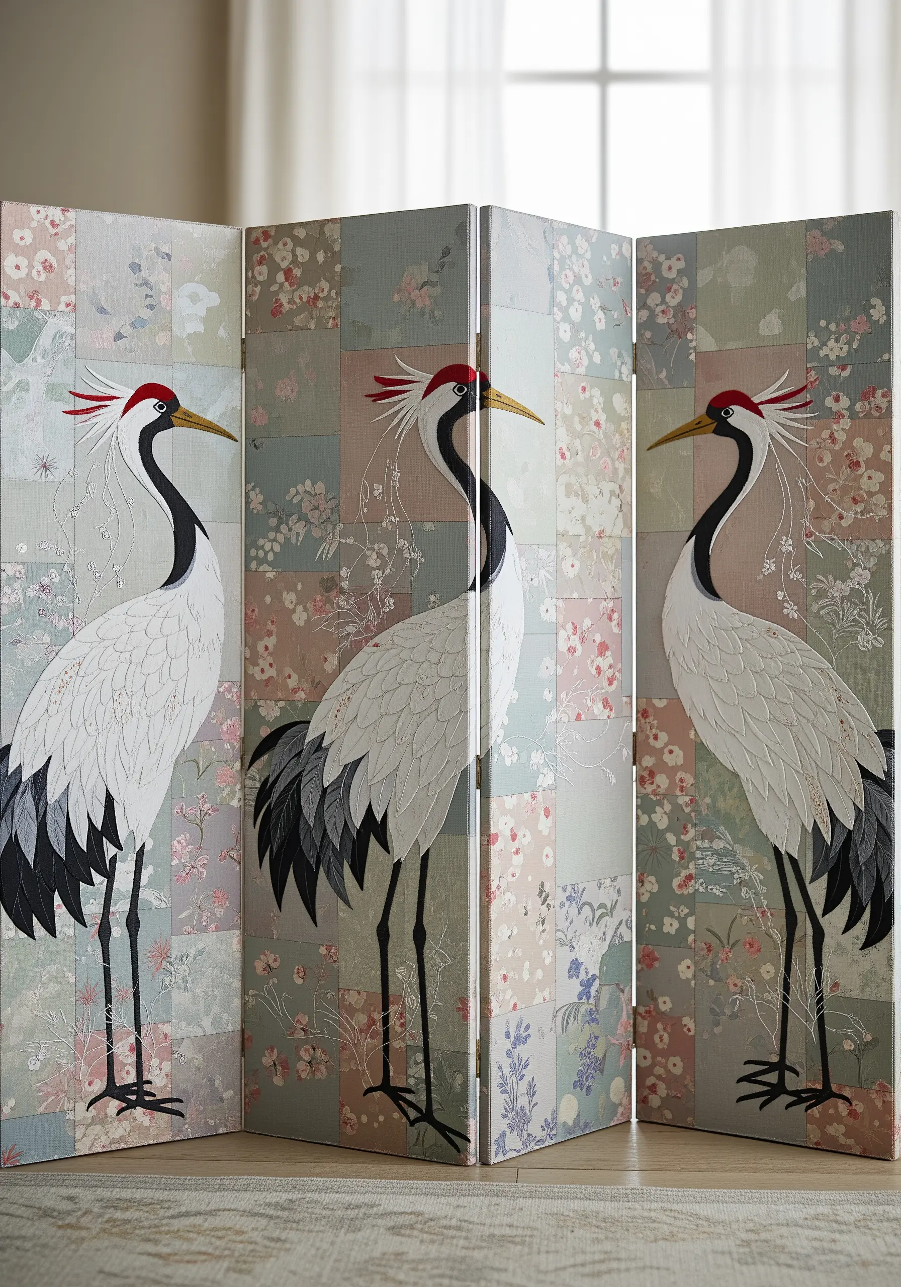 A multi-panel room divider with an appliquéd Japanese crane on a background of pastel floral patchwork.