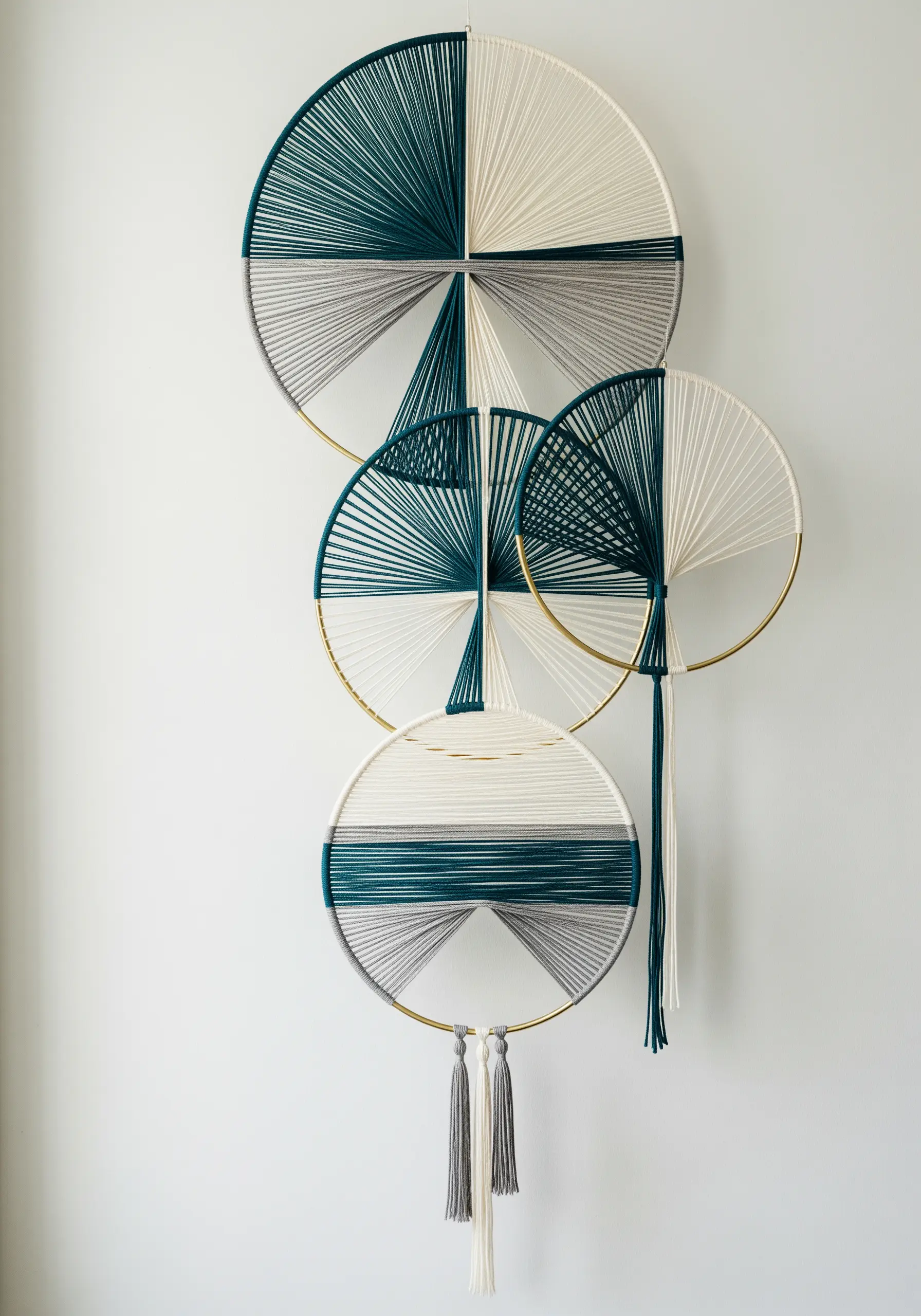 A modern wall hanging made of four hoops with green, grey, and cream geometric string art patterns.