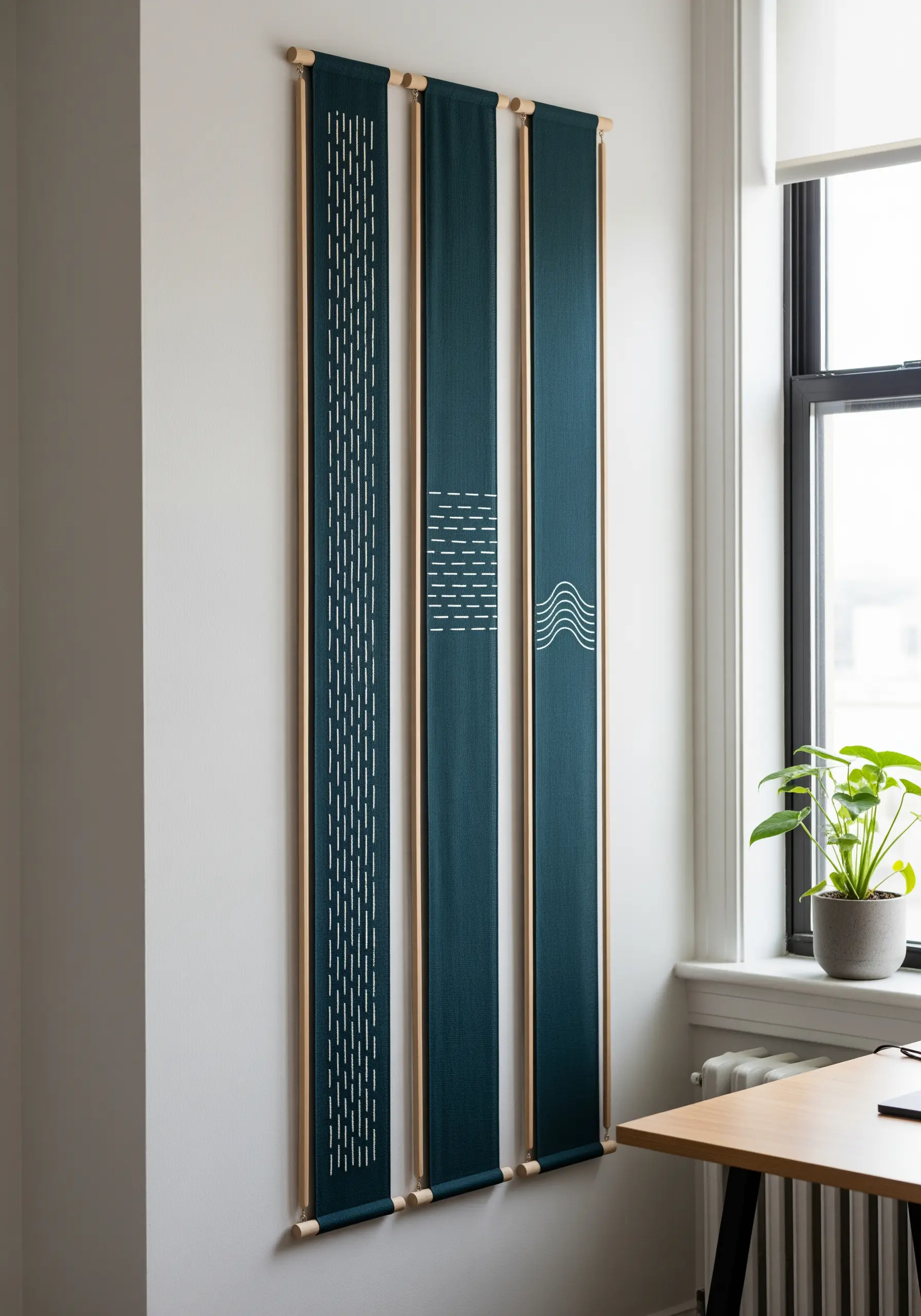 Three tall, narrow banners in dark teal with different white geometric stitch patterns.