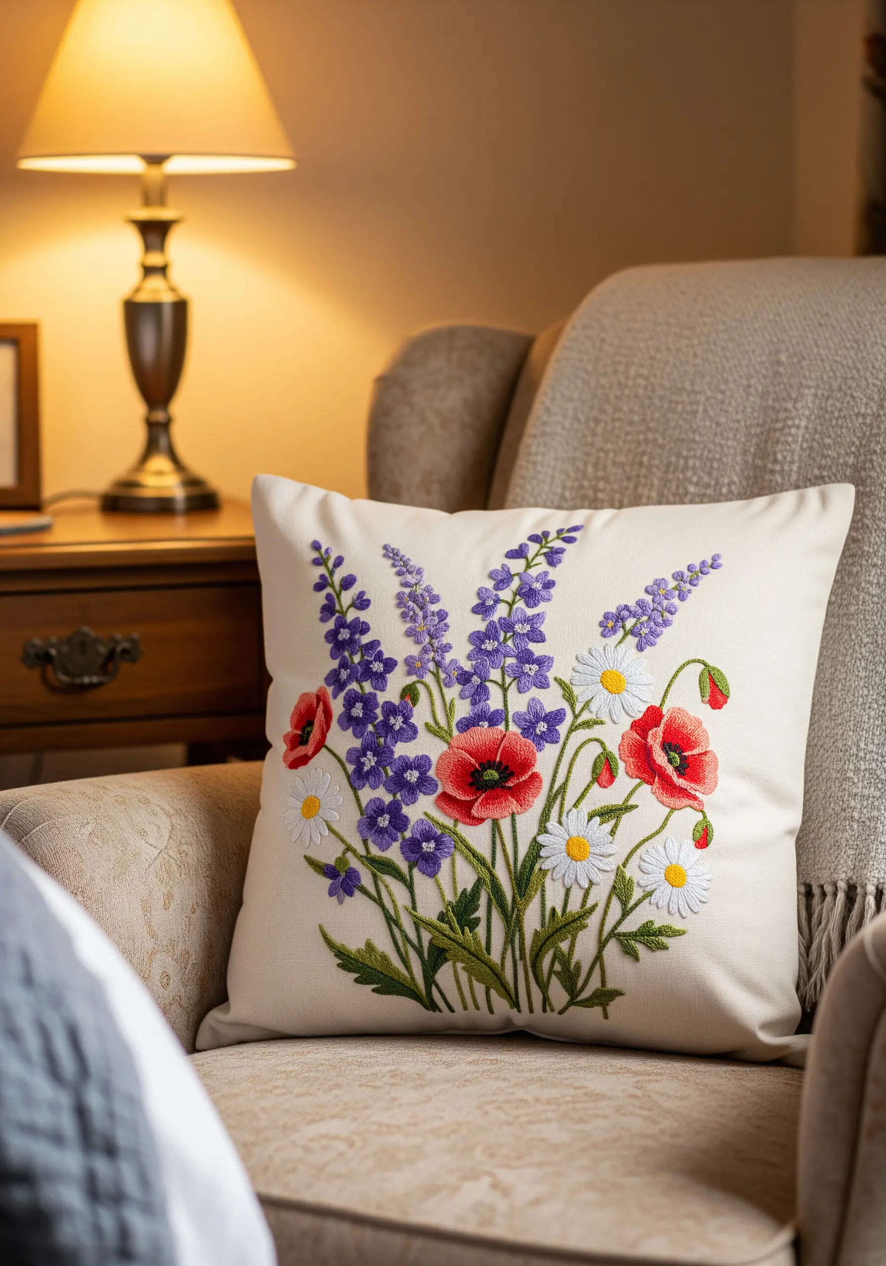Embroidered cushion with a vibrant bouquet of red poppies, purple lavender, and white daisies.