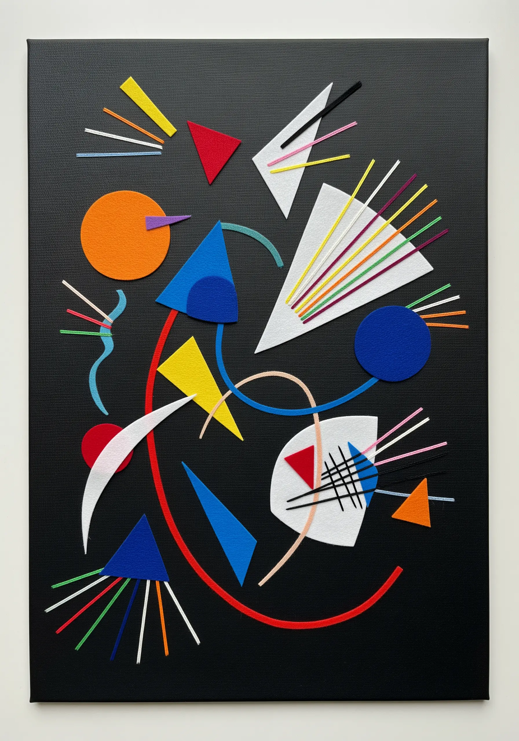 An abstract, Kandinsky-inspired collage with colorful felt shapes and radiating lines of embroidery thread.