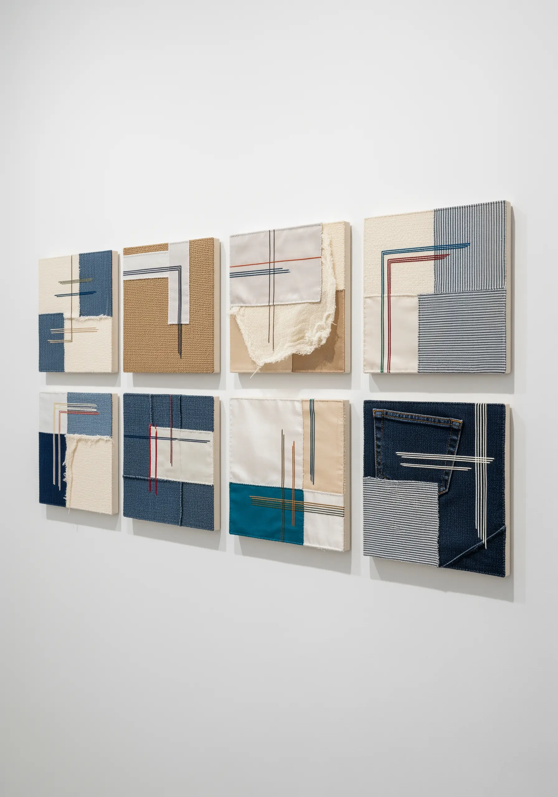 A gallery wall of small canvases with abstract compositions of layered neutral fabrics and clean lines.