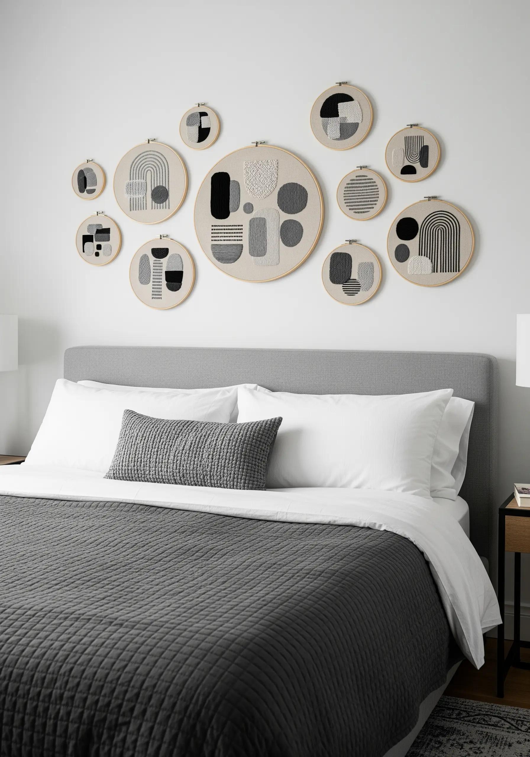A collection of hoops with abstract black and grey shapes on a bedroom wall.