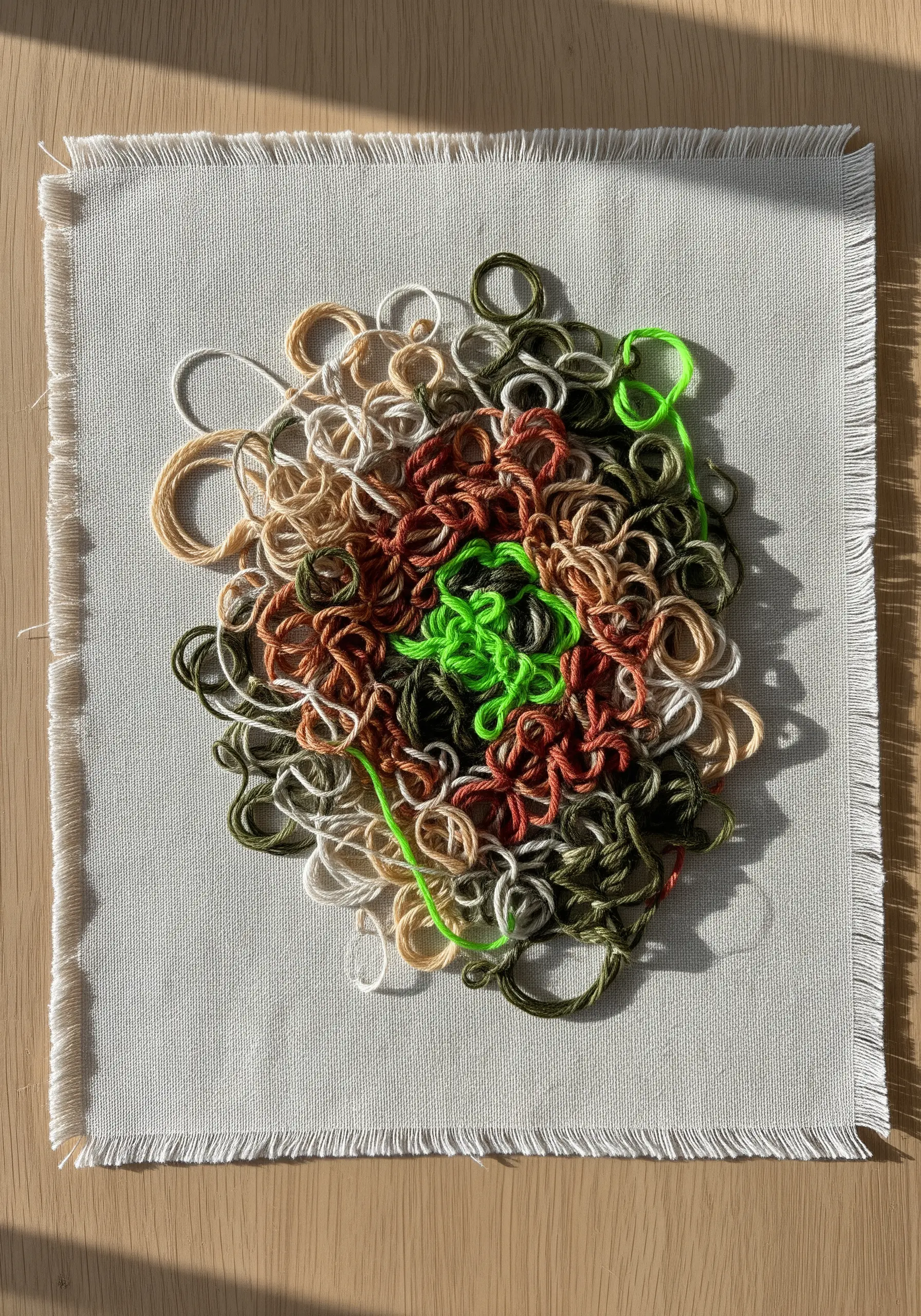 A chaotic pile of looped threads in earthy tones of green, brown, and cream, with a pop of lime green