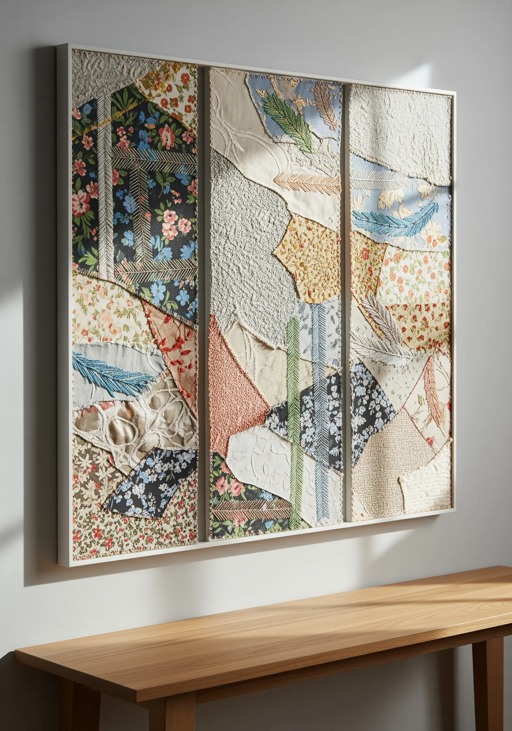 Framed wall art made from a collage of embroidered and patterned fabric scraps.
