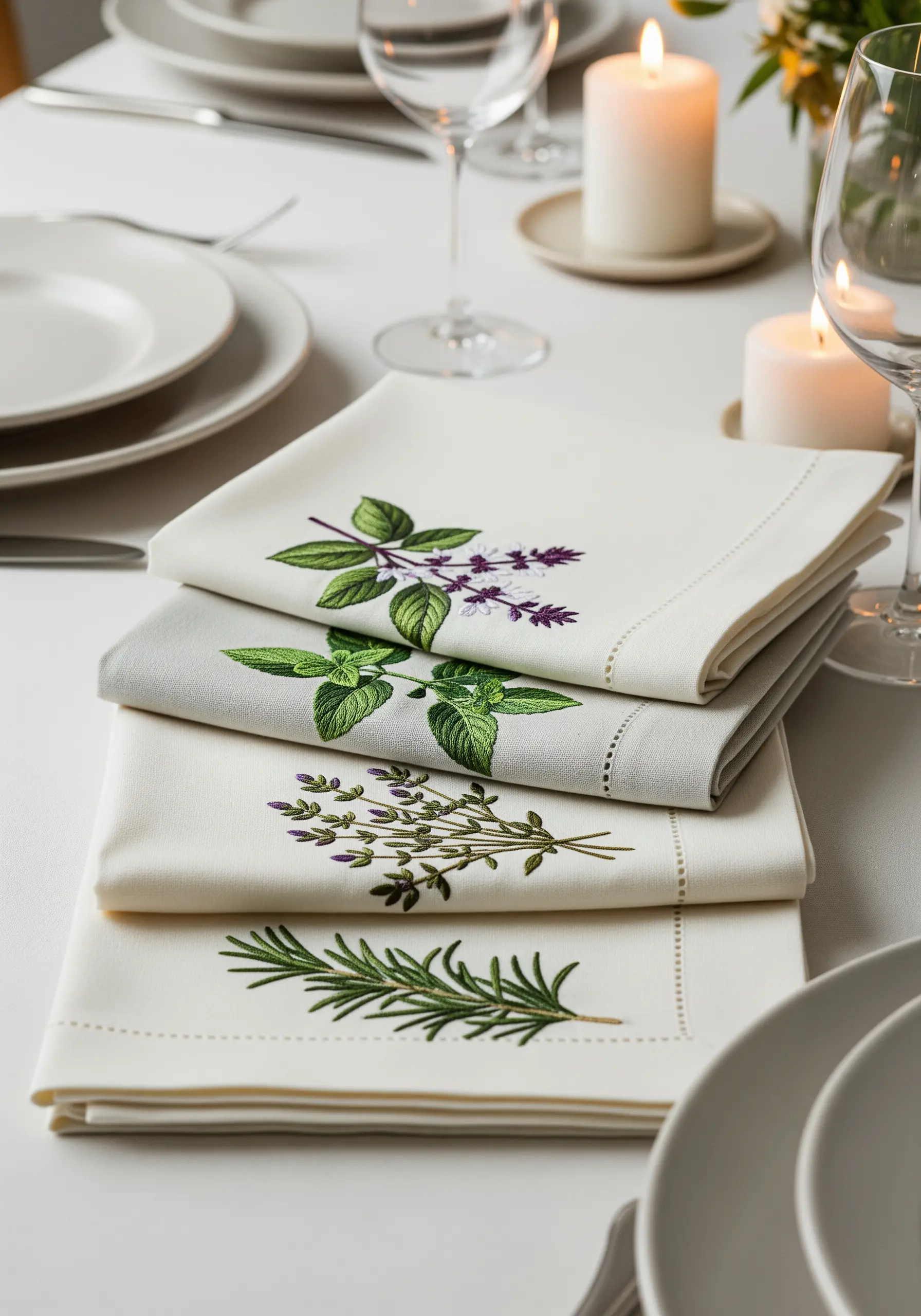 Folded table napkins, each embroidered with a different culinary herb like rosemary and basil.
