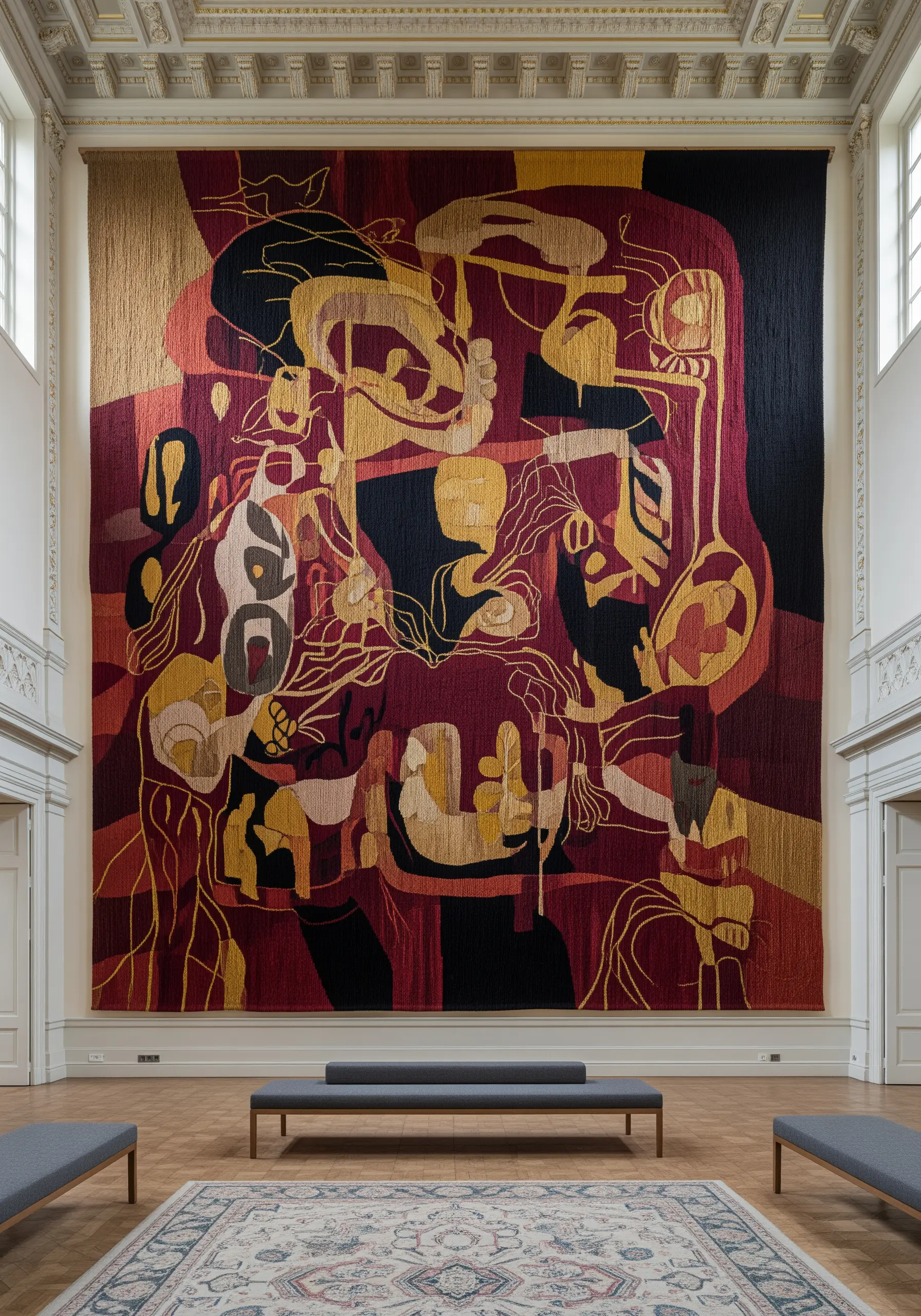 A very large, abstract tapestry in red, black, and gold tones hanging in a grand hall.