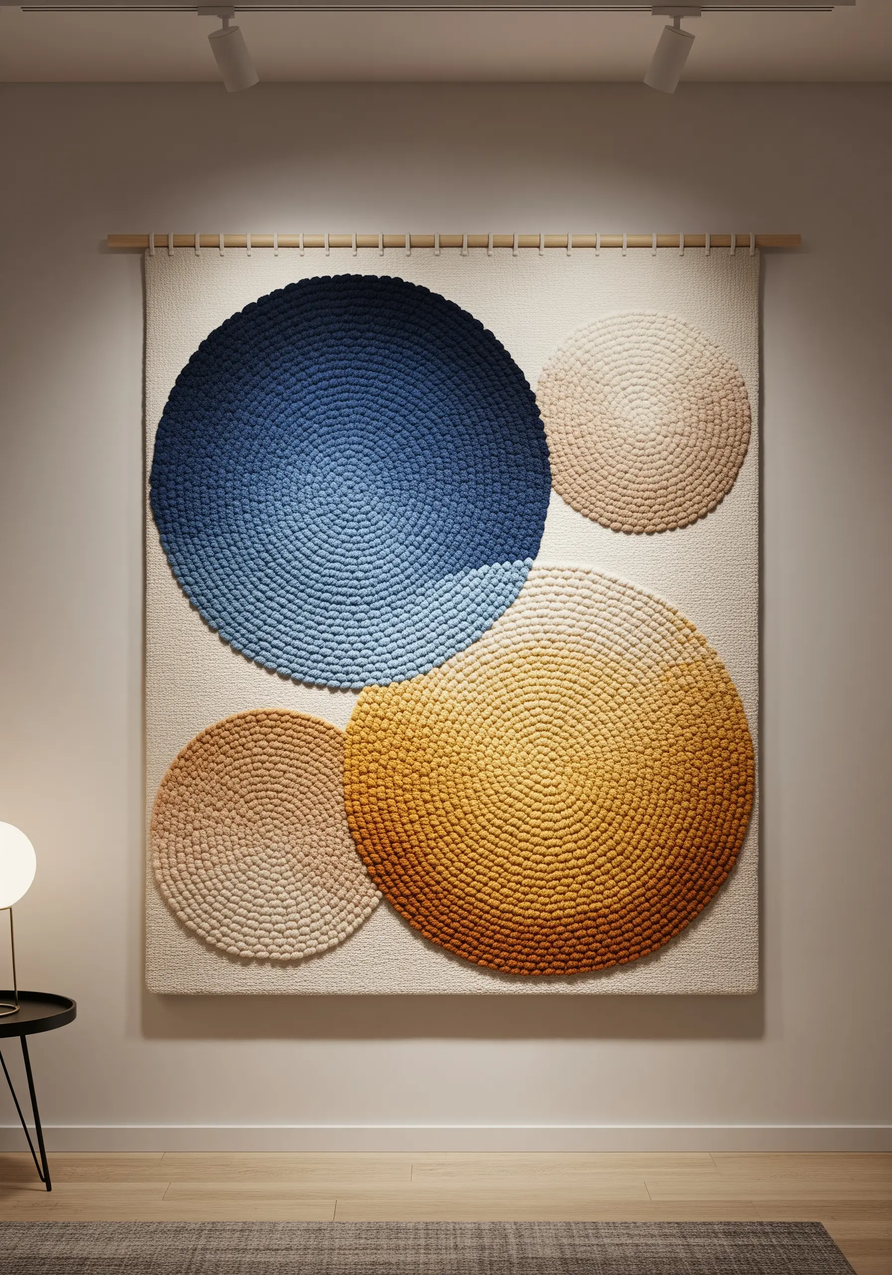 A large woven wall hanging with four overlapping circles in different color gradients.