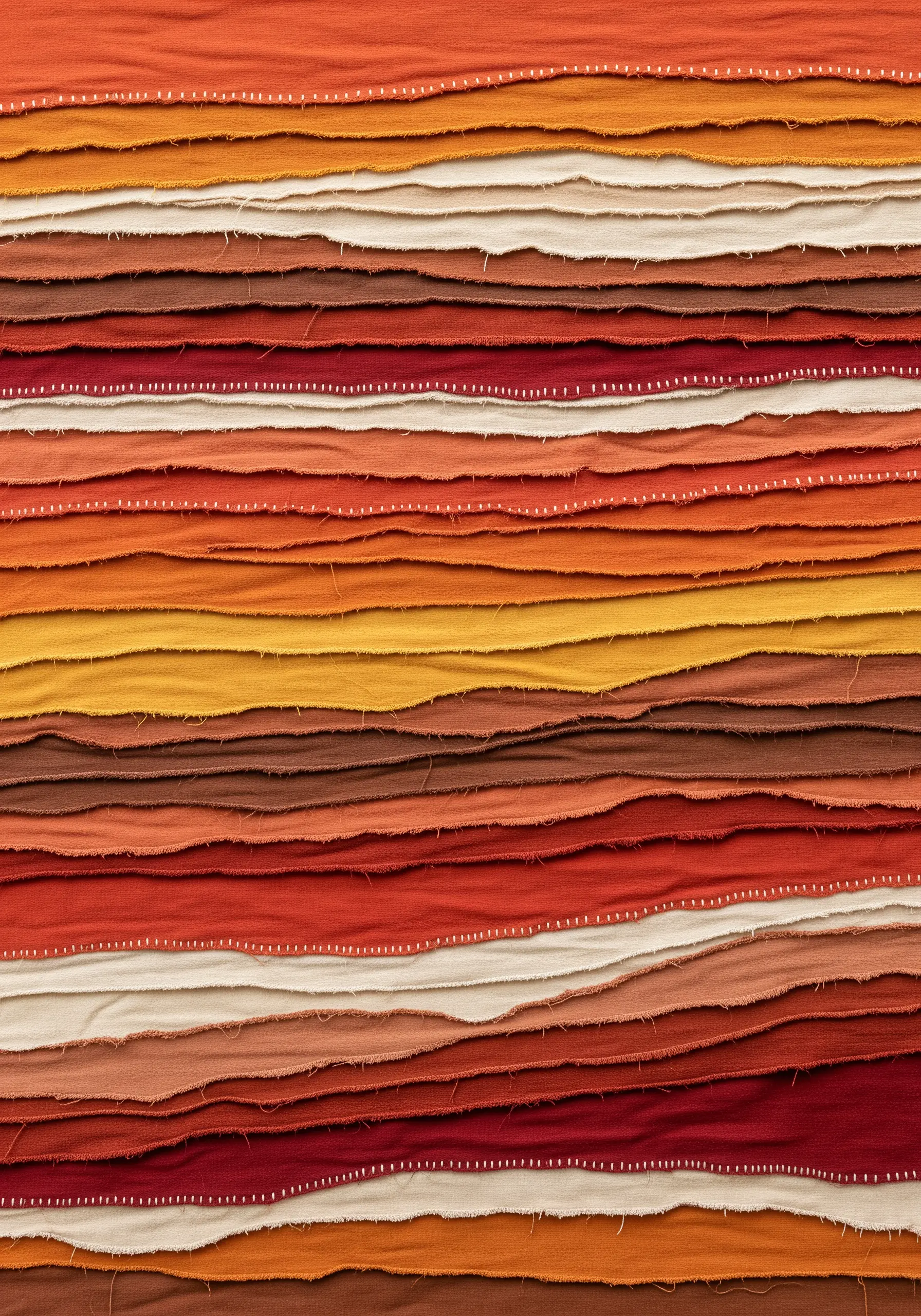 Abstract textile art made of layered, raw-edge fabric strips in earthy oranges and reds.