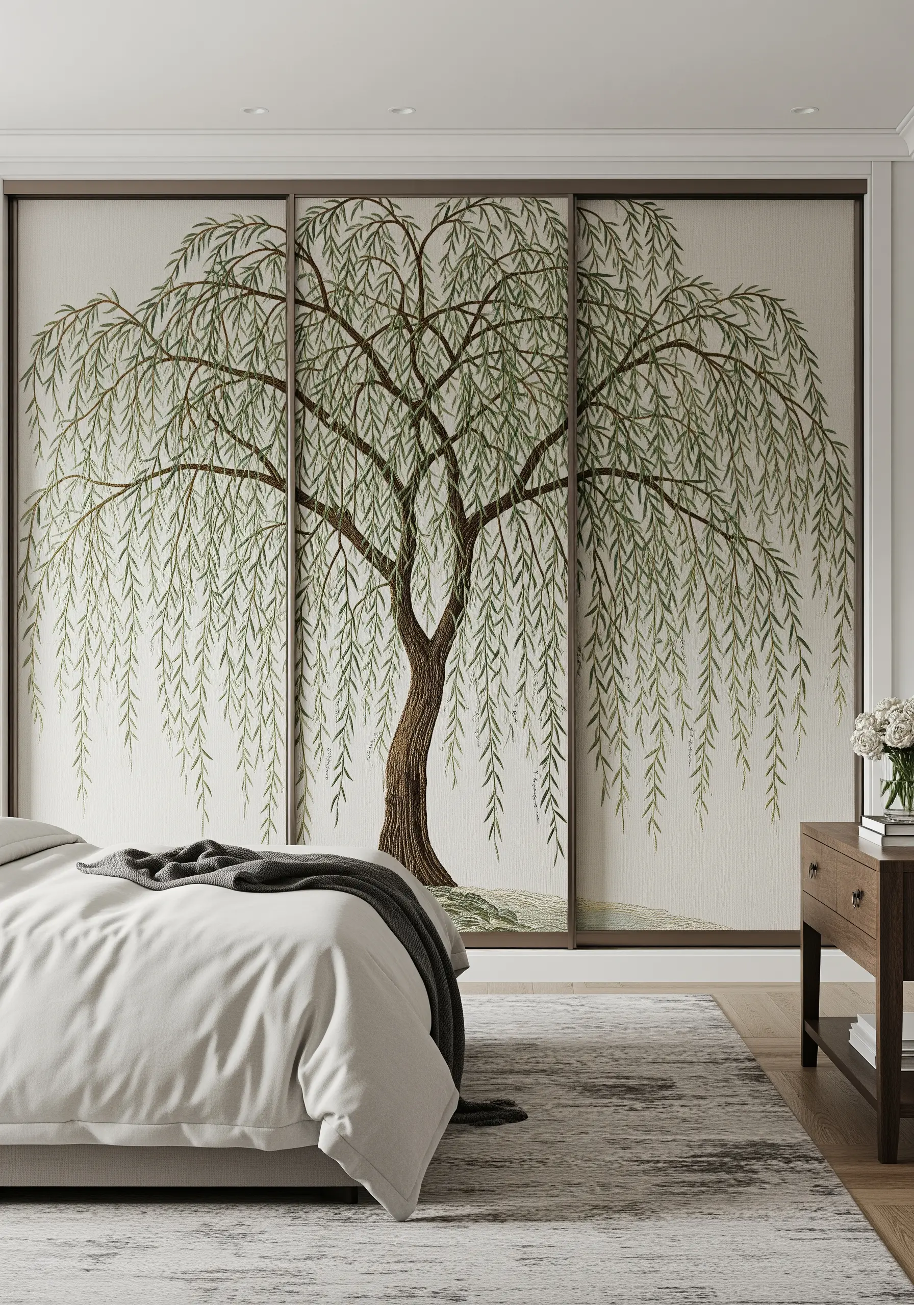Sliding closet doors featuring fabric panels embroidered with a large weeping willow tree.