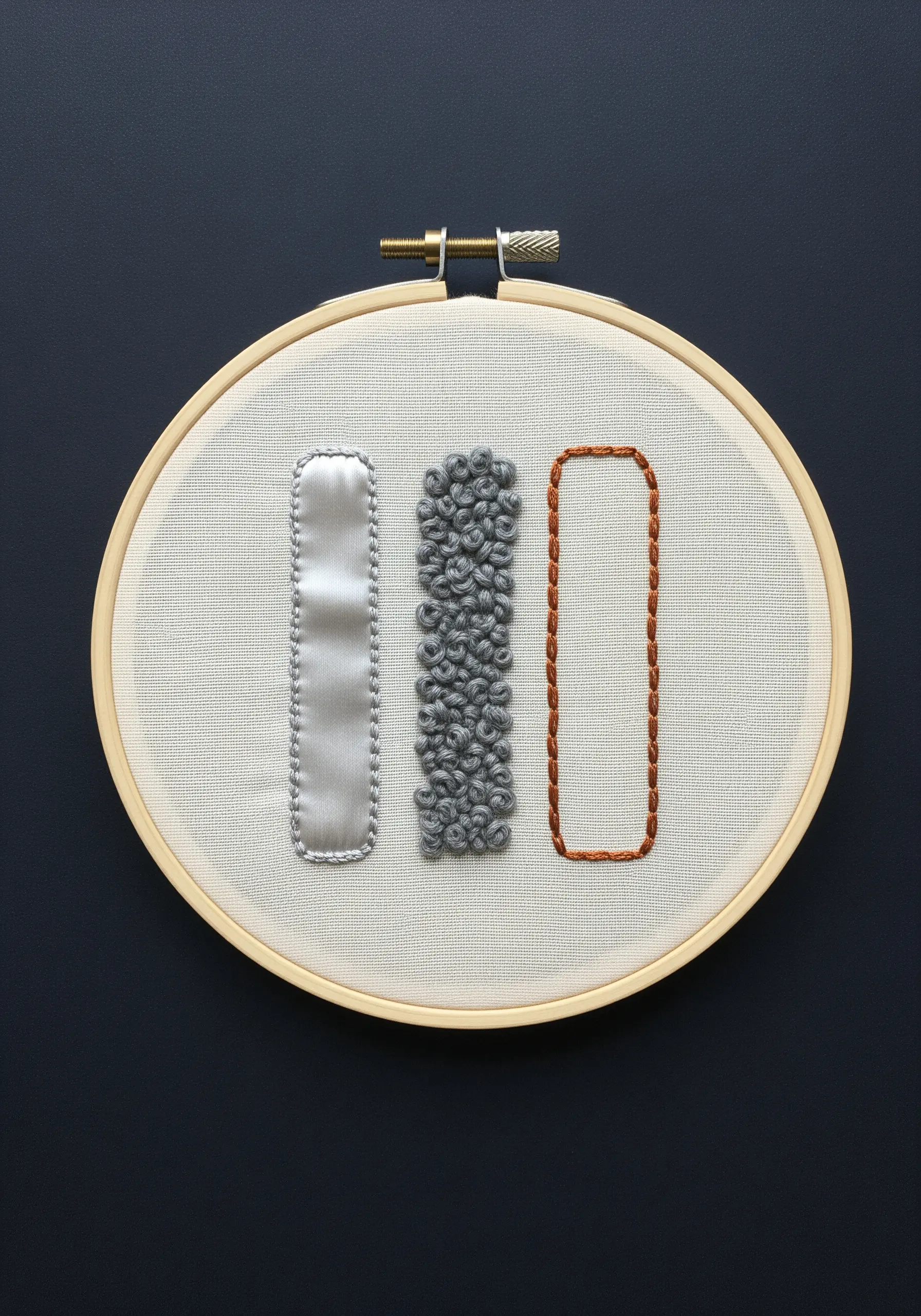A sampler of three rectangles filled with satin stitch, French knots, and an outline stitch.